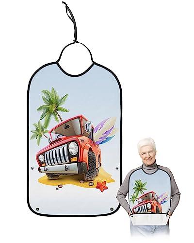 Sabolny Summer Beach Adult Bib for Eating with Crumb Catcher,Washable & Waterproof Terry Cloth Adjustable Elderly Women Men Adult Bibs Funny Apron Reusable Clothing Protector Red Truck Ski Camping Surfing Car