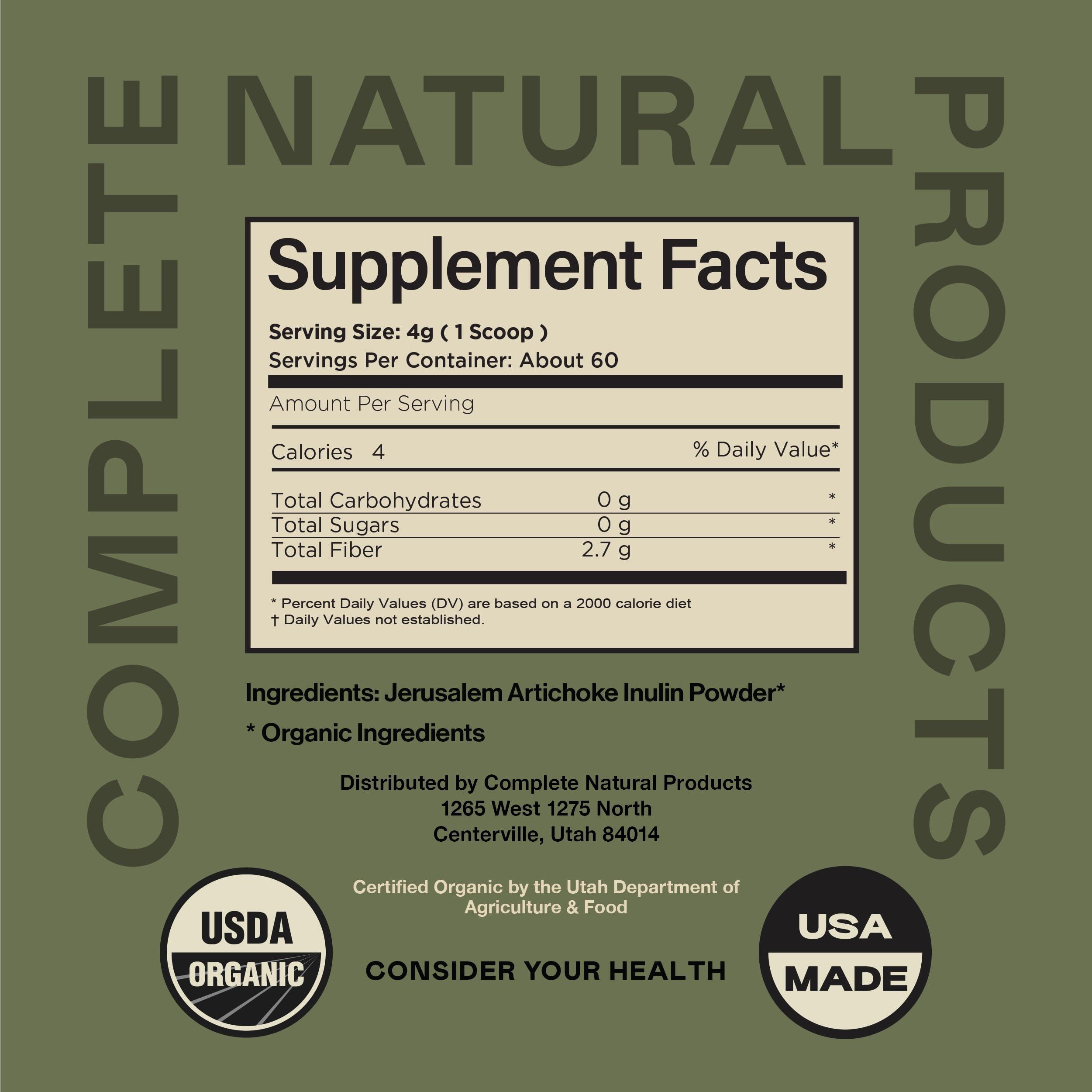 Complete Natural Products Pure Organic Inulin Powder Fiber Supplement - (Jerusalem Artichoke) Prebiotic Bulk Inulin Fiber Powder 8oz Digestion & Gut Health