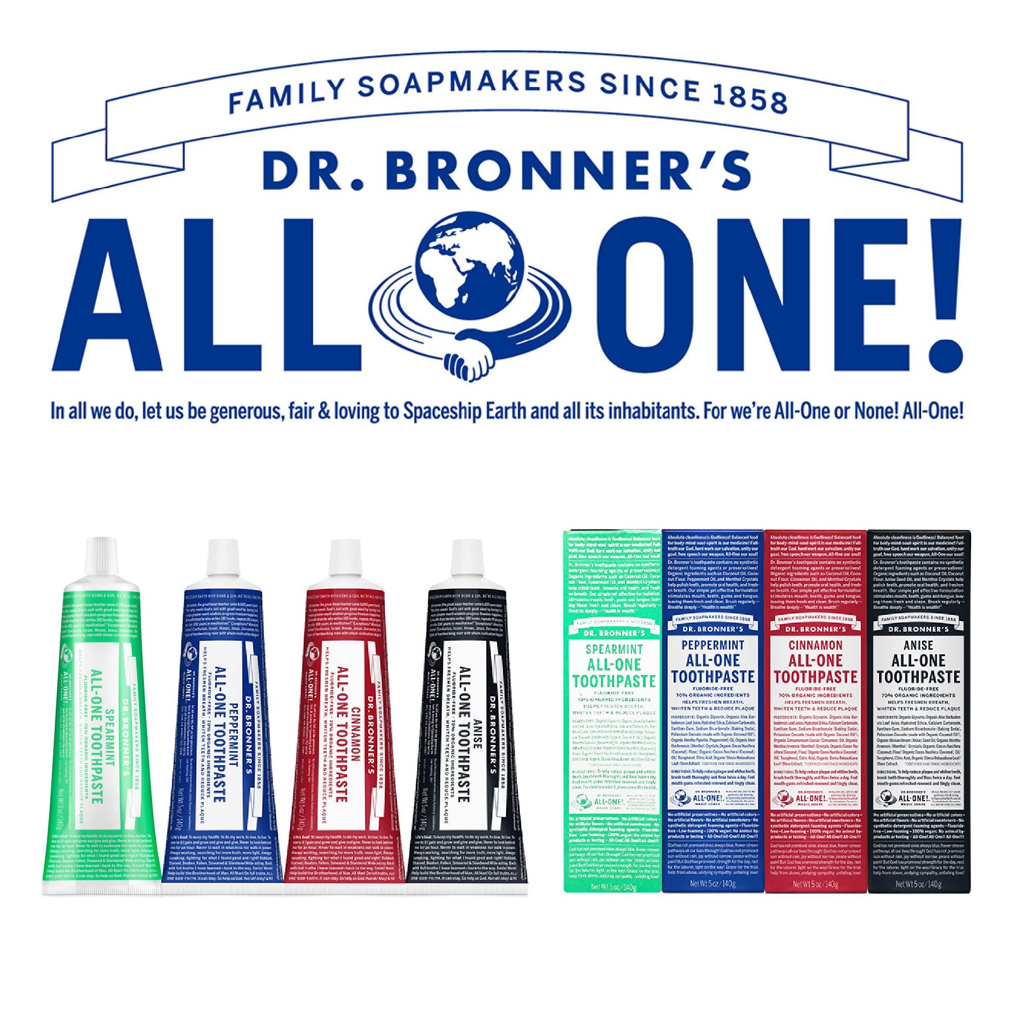 Dr. Bronner\'s Dr. Bronners - All-One Toothpaste Variety Pack - Peppermint & Spearmint, 70% Organic Ingredients, Fluoride-Free, Helps Freshen Breath, Vegan (5oz, 4-Pack)
