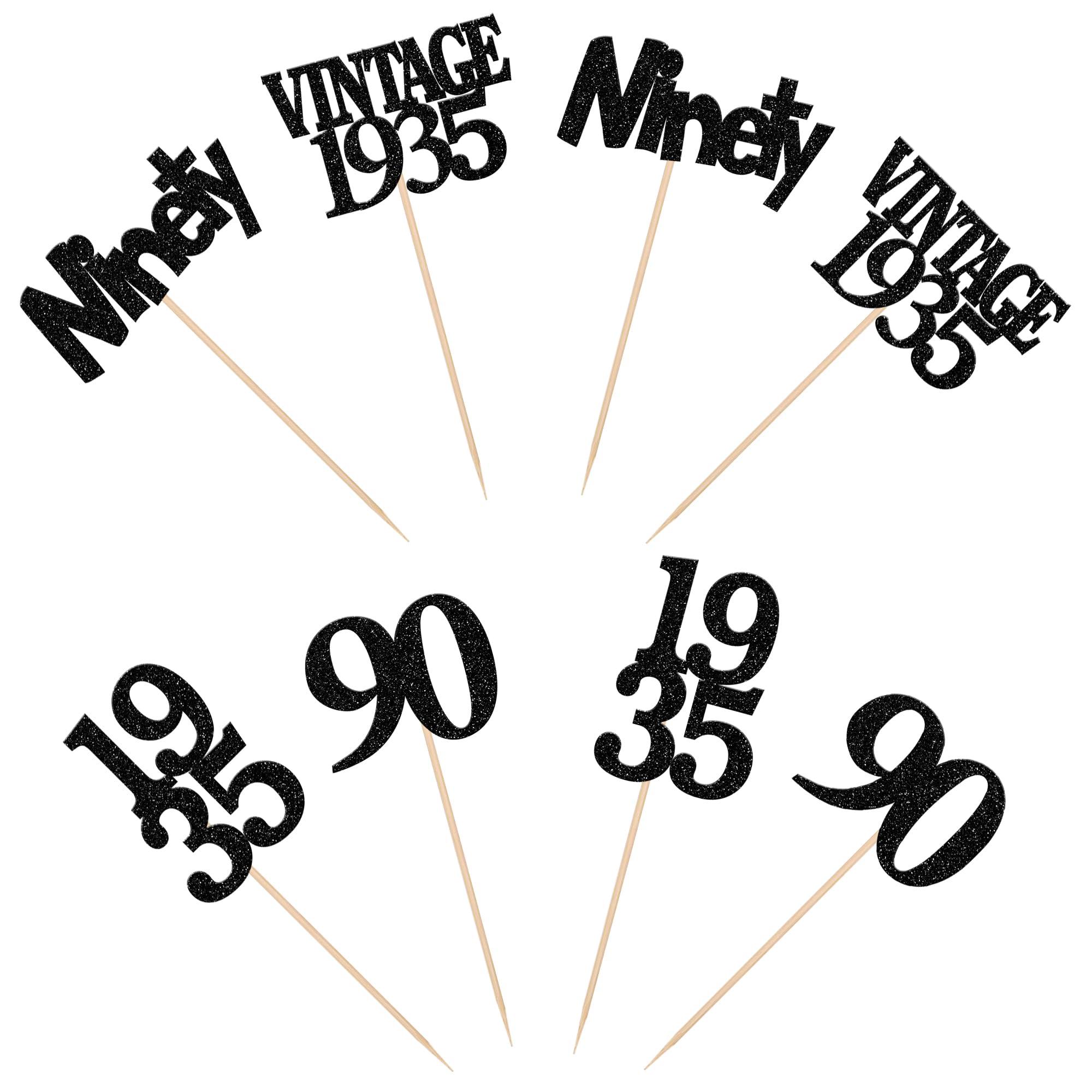 Rsstarxi Rsstarxi 24 Pack 90th Birthday Cupcake Toppers Black Glitter Vintage 1933 Cupcake Picks Ninety Cheers to 90 Years Old Birthday Cupcake Topper for Happy 90th Birthday Anniversary Party Cake Decorations