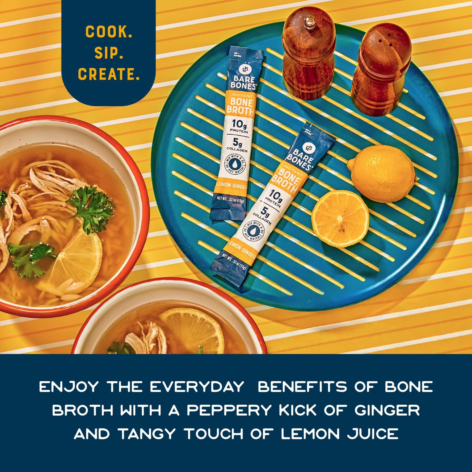 Bare Bones Bare Bones Bone Broth Instant Powdered Mix, Lemon Ginger, Pack of 8, 15g Sticks, 10g Protein, Keto & Paleo Friendly Bone Broth Packets