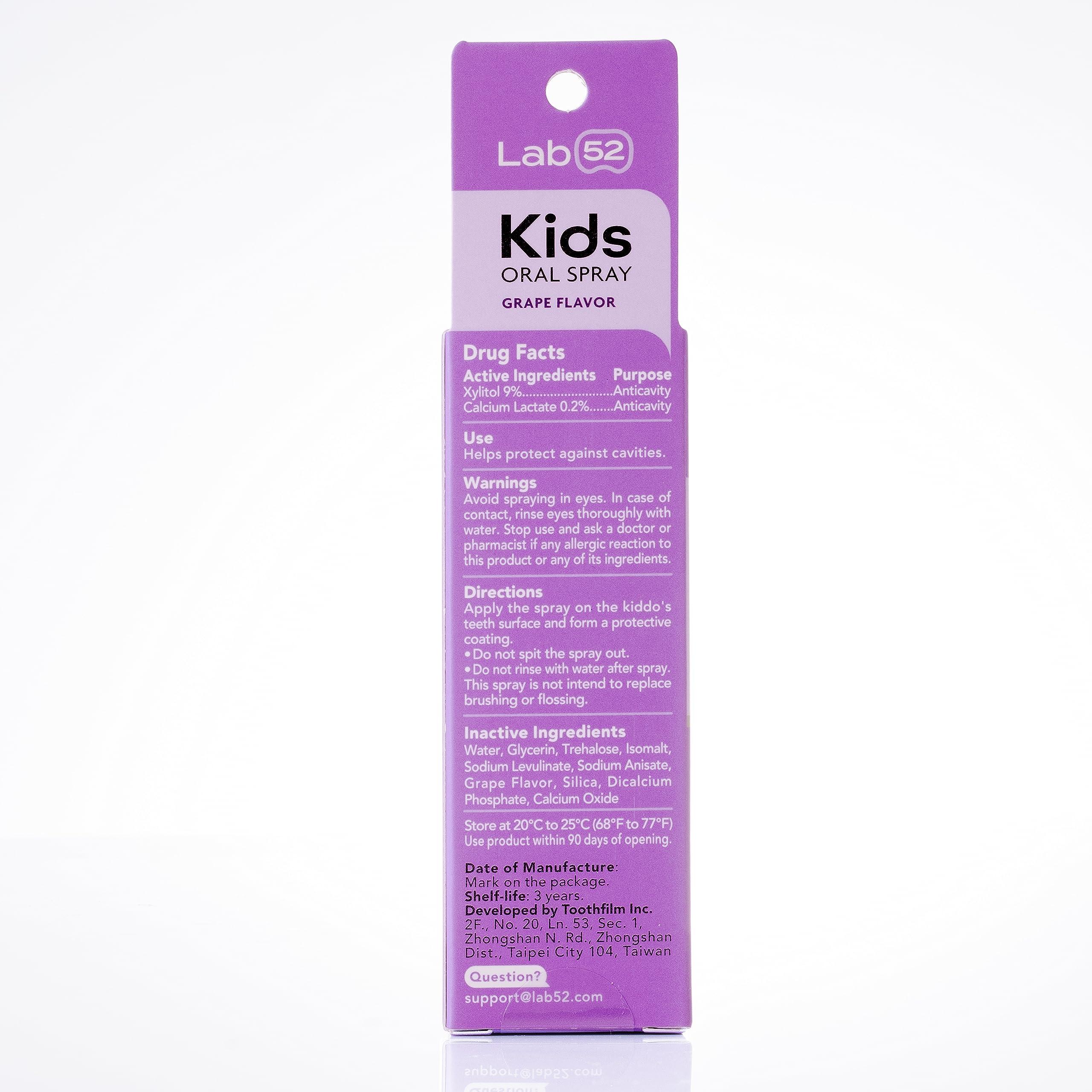 LAB 52 LAB52 Kids Oral Spray, Toddler Toothpaste Helper for Cavity Repair and Fresh Breath, Children Anticavity with Fluoride Free for Newborn to Preschoolers, Xylitol Grape Flavor