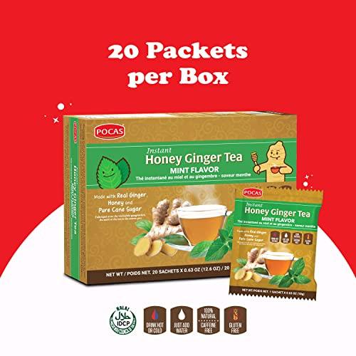 Pocas Pocas Honey Ginger Tea - Instant Tea Powder Packets with Mint & Ginger Honey Crystals Tea, Non-GMO/Gluten Free/Caffeine Free Tea, 20 Count