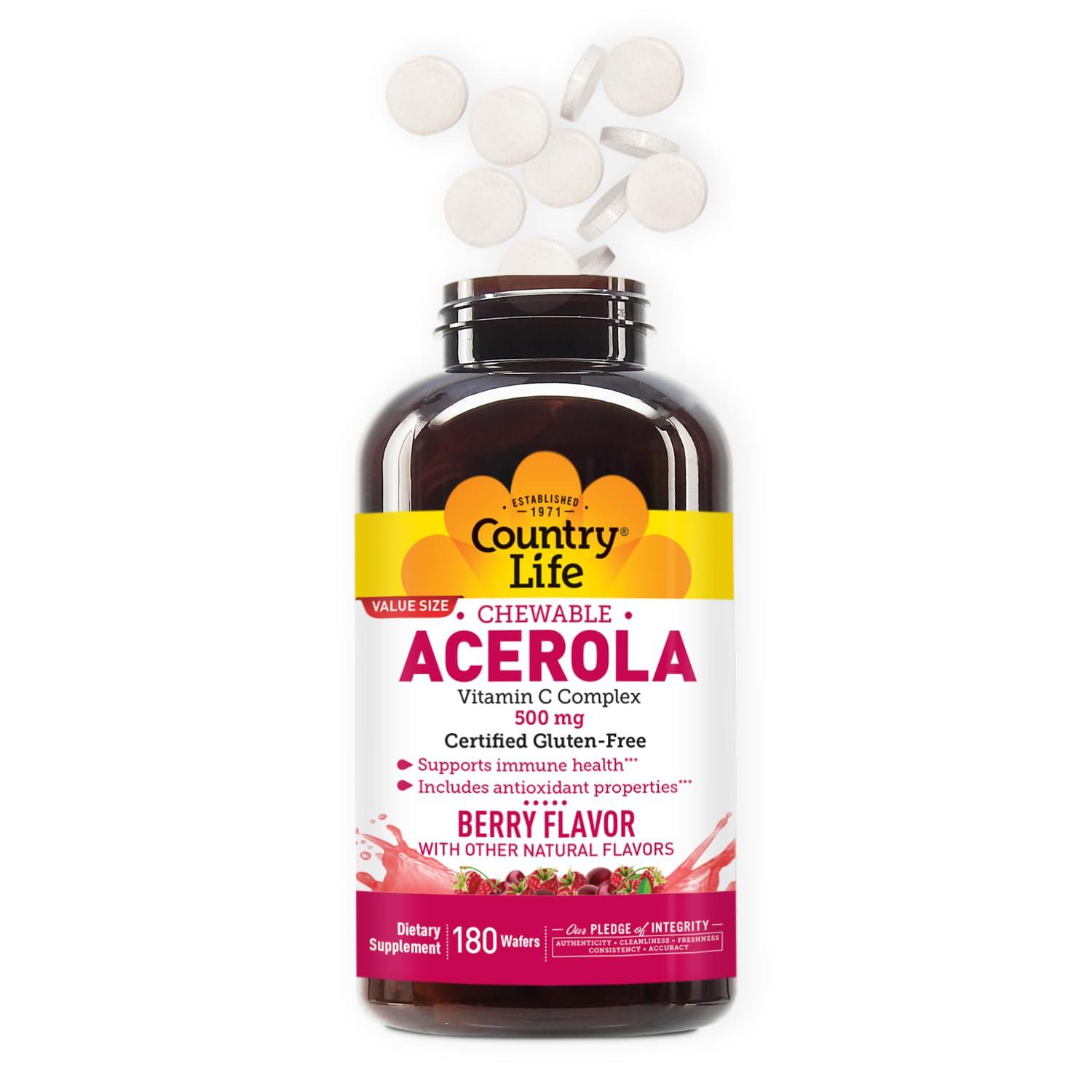 Country Life Country Life Acerola Vitamin C Complex, 500mg, Chewable Berry Flavored Wafers, Supports Immune Health, 180 Wafers, Certified Gluten Free by GFCO, Certified Vegan by AVA