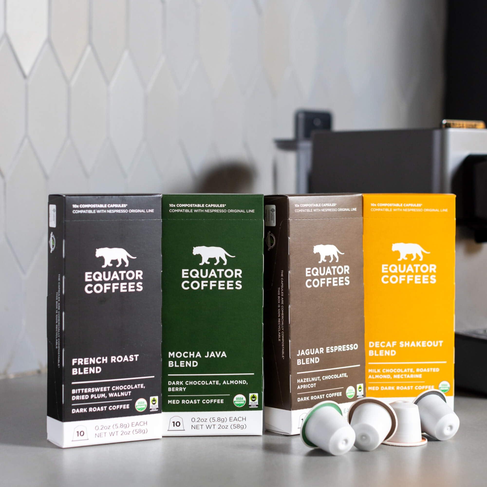 EQUATOR COFFEES Equator Coffees, Organic Espresso Coffee Pods, Medium Roast (Mocha Java Blend, Pack of 10) - Compatible with Nespresso Original Machine, Single Serve Espresso Cups