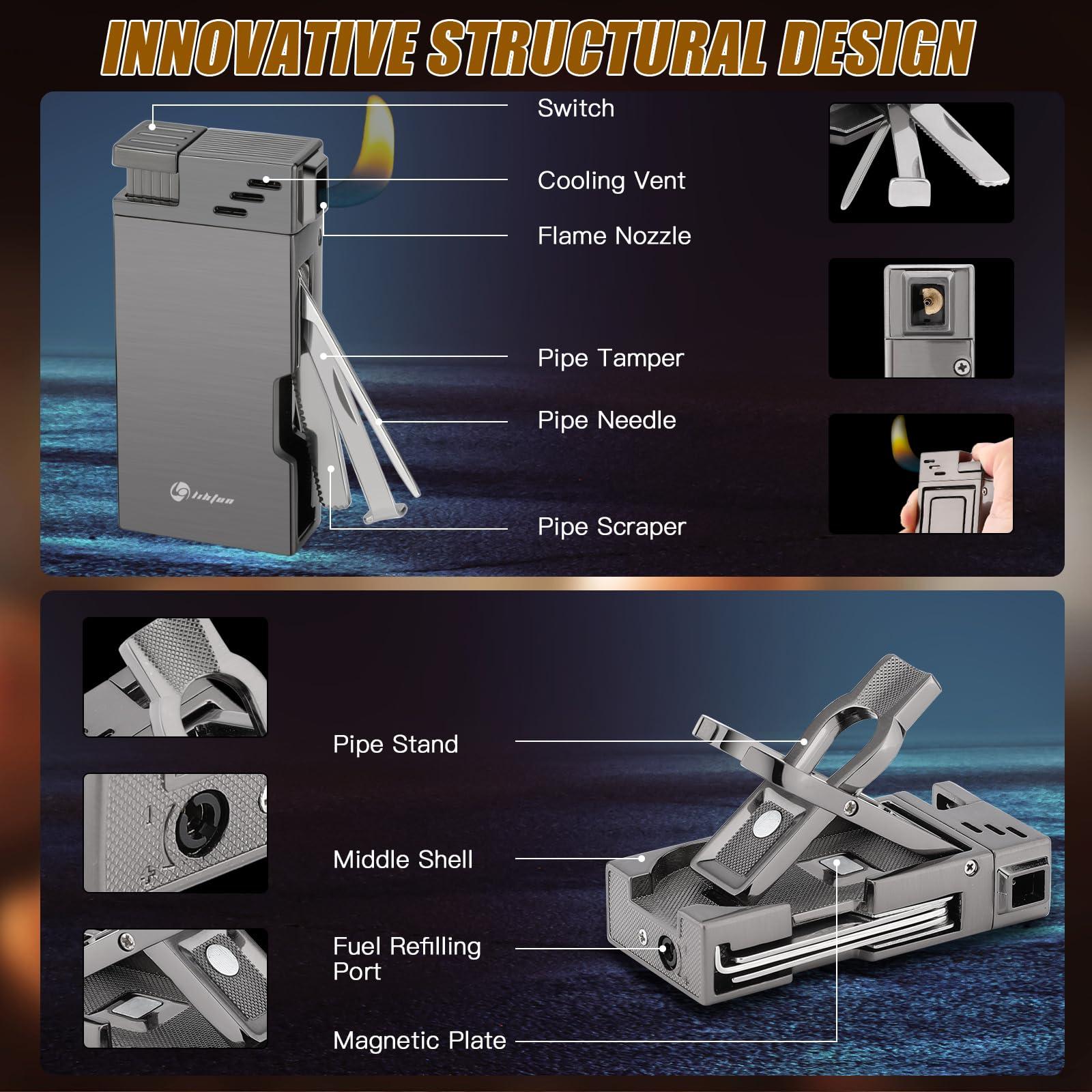 LIHTUN LIHTUN Pipe Lighter with Pipes Stand, Refillable Butane Lighters with Stainless Steels 3 Pipe Tools Cleaner, 5 in 1 Soft Flame Lighter, Portable Pipe Lighters for Outdoor Indoor with Gift Box