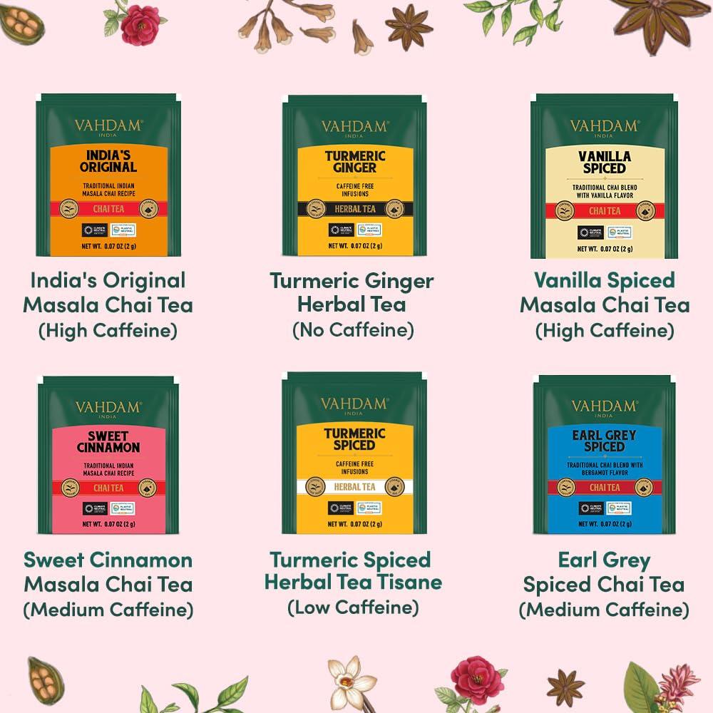 VAHDAM VAHDAM, Assorted Chai Tea Variety Pack (6 Delicious Flavors, 36 Eco Friendly Pyramid Tea Bags) Caffeinated, Gluten Free, Non GMO | Indian Masala Chai Tea Blends | Valentines Day Tea Gift Sets