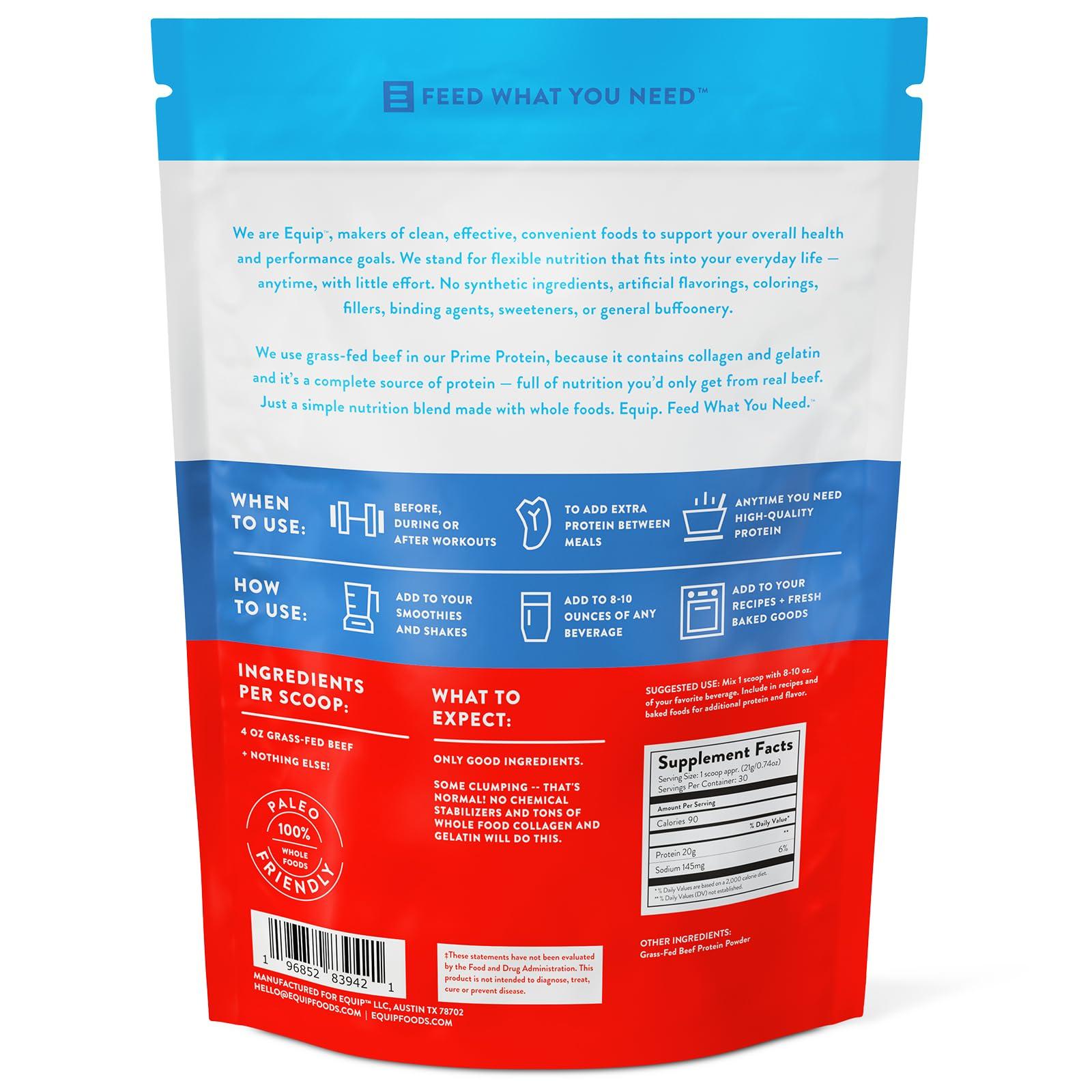 Equip Equip Foods Prime Protein Powder | Clean, Grass Fed Beef Protein Isolate | Carnivore Protein Powder | Paleo, Keto Friendly | Gluten, Dairy Free | Helps Build & Repair Tissue | 30 Servings, Unflavored