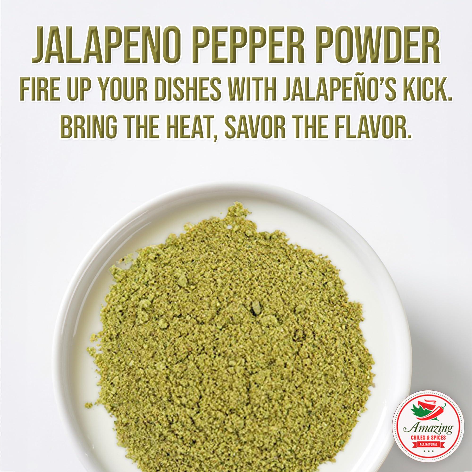 Amazing Chiles & Spices Jalapeno Powder Seasoning 8oz – Natural and Premium. Great For Chili, Salsa, Spice Blends, Stews, Tacos, Corn Bread. Medium to High Heat - fruity, spicy hot flavor. By Amazing Chiles & Spices.