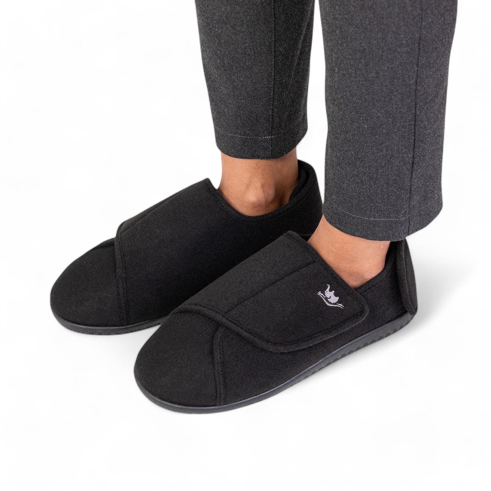 EUROPEAN SOFTEST Womens Memory Foam Diabetic Slippers, Extra Wide Adjustable House Shoes, Plush Fleece for Arthritis, Edema, Swollen Feet, Anti-Slip Rubber Soles, Machine Washable, Indoor Outdoor Use (9, Black/White)