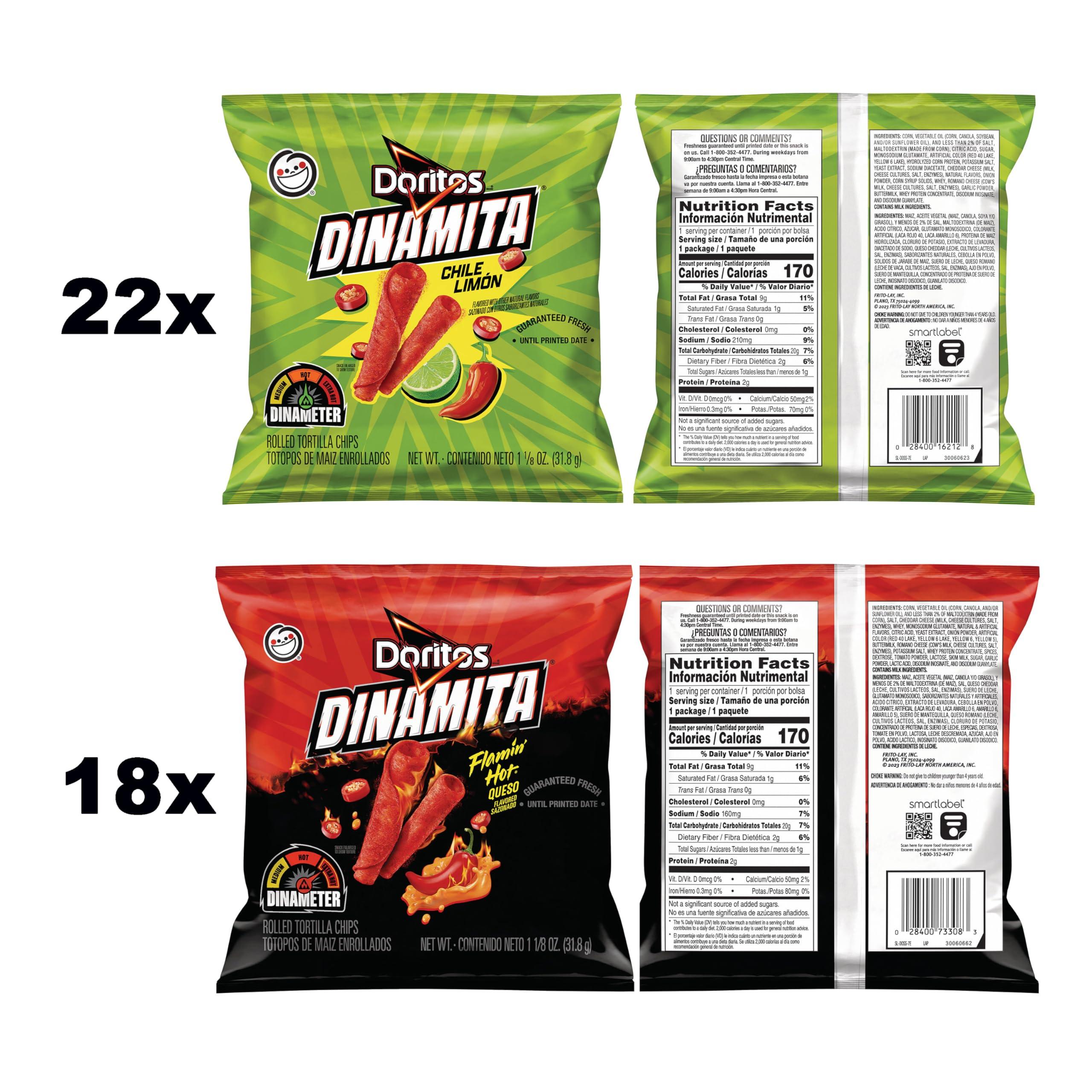 Doritos Doritos Dinamita Spicy Rolled Tortilla Chips, Chile Limon and Flamin\' Hot Queso Flavored Variety Pack, (Pack of 40)