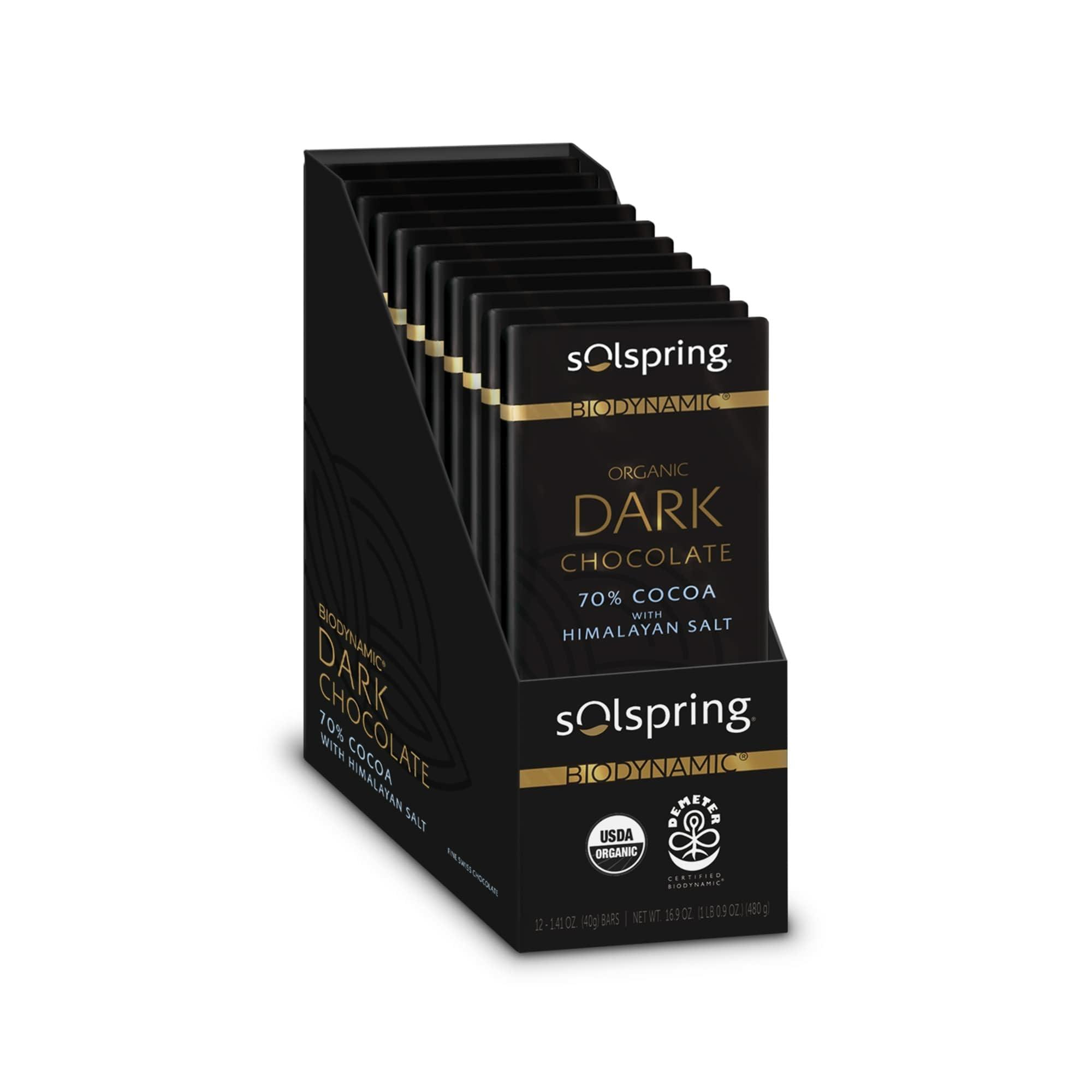 Dr. Mercola Solspring Biodynamic Organic Dark Chocolate Bars with Himalayan Salt (12-1.41 oz Bars), 70% Cocoa, Fine Swiss Chocolate, Certified USDA Organic, Demeter Certified, Gluten Free, Soy Free, Dr. Mercola