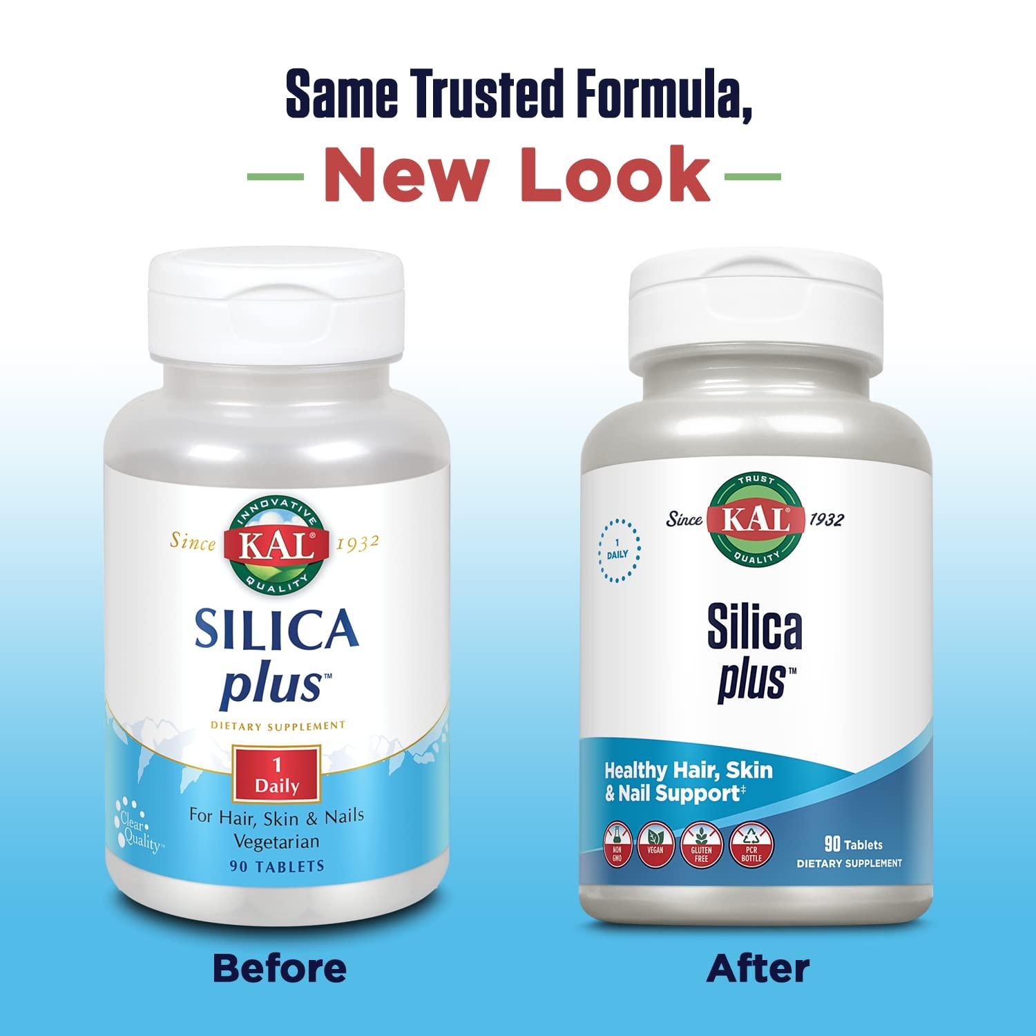 KAL KAL Silica Plus, Silica Gel with Horsetail Extract, Healthy Hair, Skin & Nails Support, Maximum Absorption, Vibrant Hair, Glowing Skin Supplement, Vegan, Gluten Free, 90 Serv, 90 Quick Dissolve Tabs