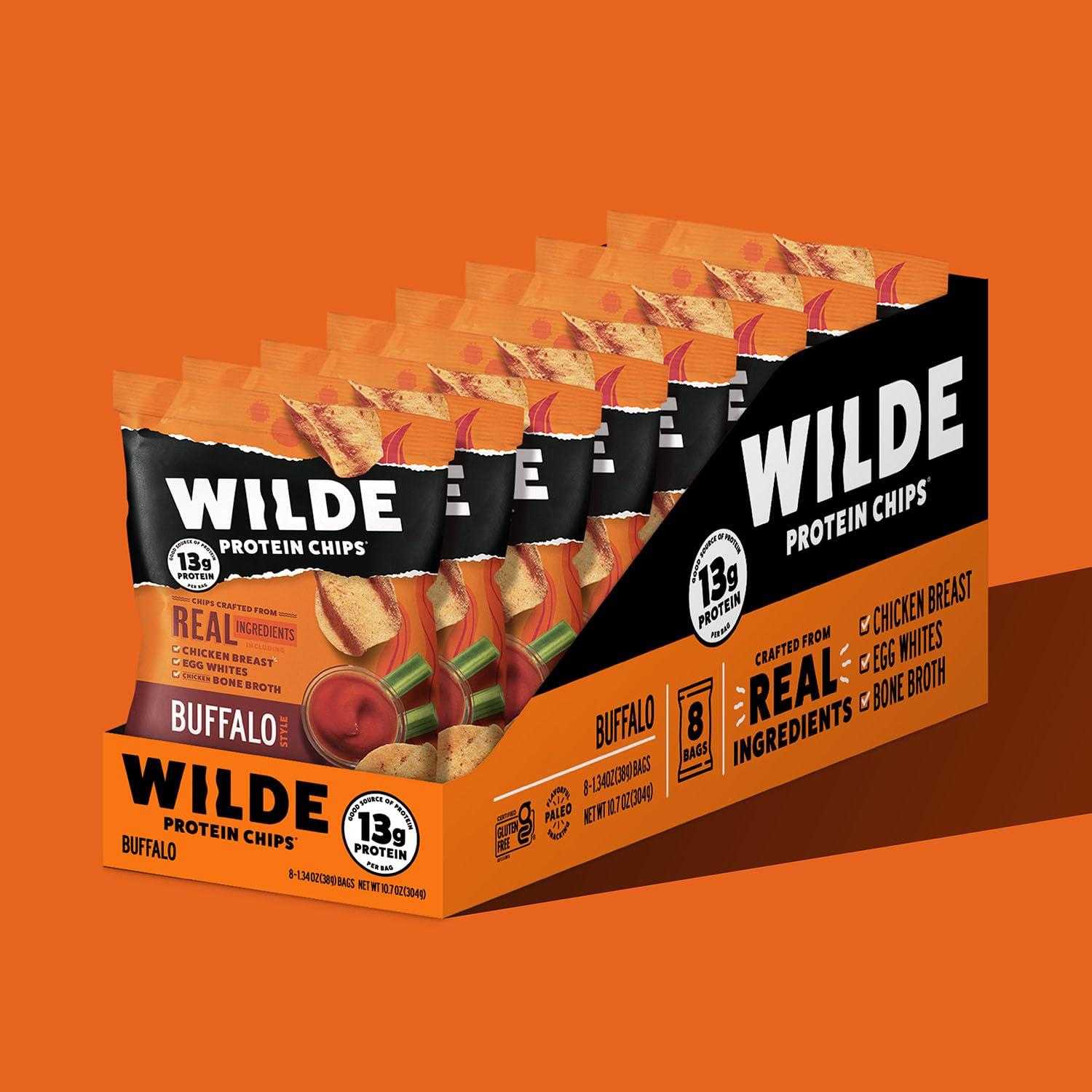 Wilde Chips WILDE Buffalo Protein Chips, Thin and Crispy, High Protein, Keto Friendly, Made with Real Ingredients, 1.34oz Bags (Pack of 8)