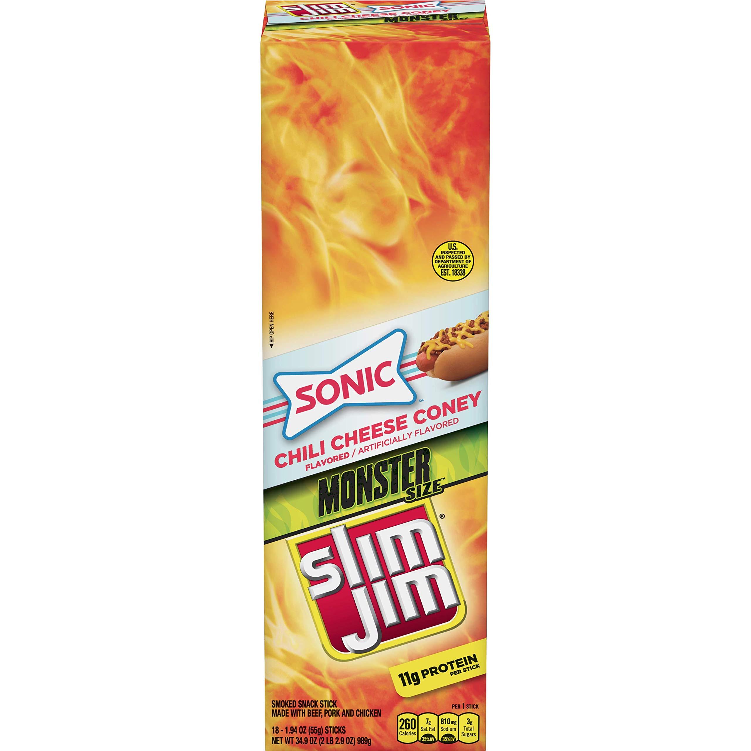 Slim Jim Slim Jim Monster Smoked Meat Sticks, Sonic Chili Cheese Coney Flavor, High Protein, 1.94 oz. (18 Count)