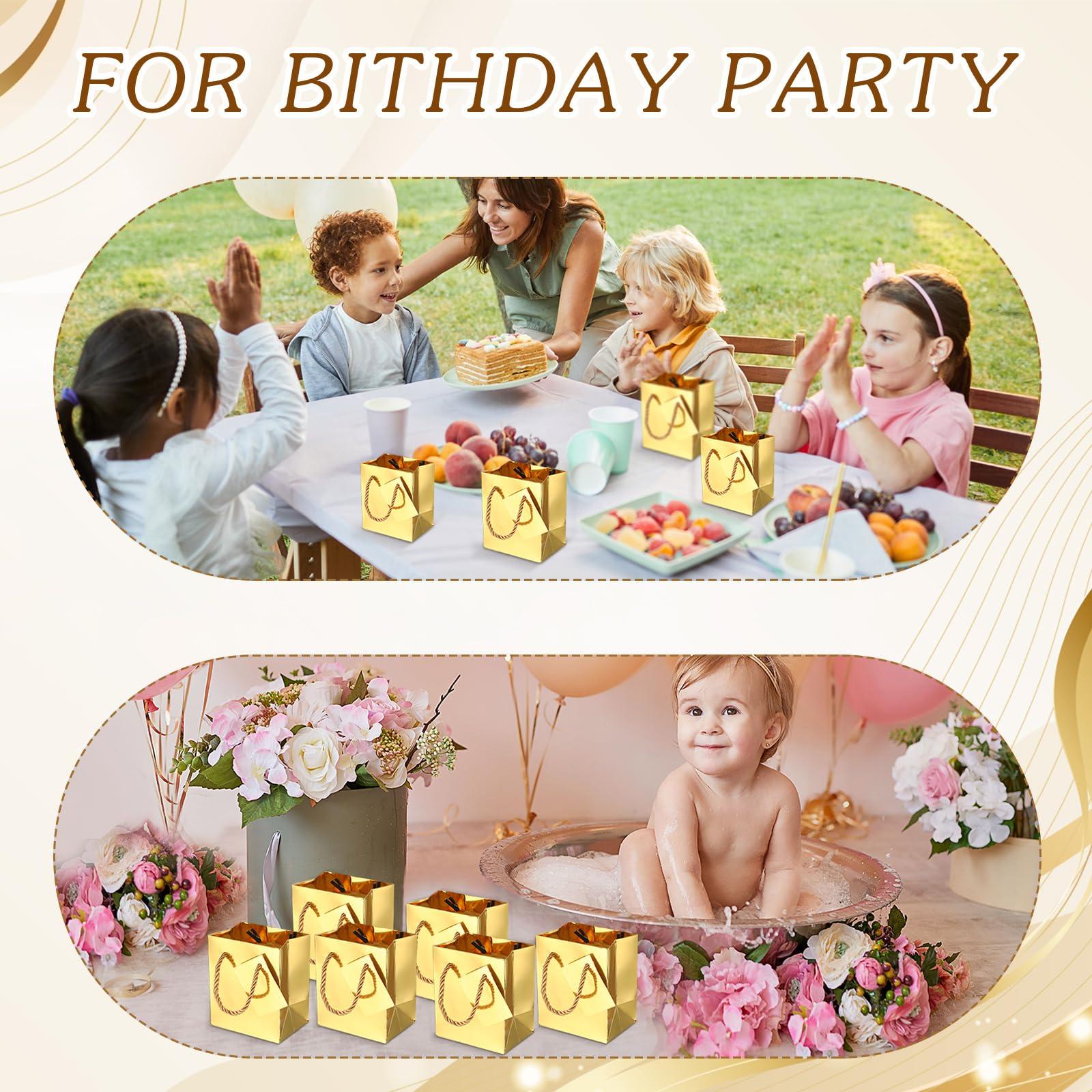 Nuanchu Nuanchu 50 Pcs Mini Gift Bags Bulk, 4 x 2.75 x 4.5 Inch Paper Bags with Gift Tags, Extra Small Metallic Paper Totes with Handles for Birthday Weddings Baby Showers Party Favors Gifts (Gold)