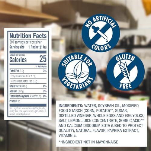 HELLMANN'S Hellmann\'s Light Mayonnaise Stick Packets Easy Open, Condiment for Sandwiches, Salads, Mayo Made with 100% Cage Free Eggs, Gluten Free, 0.38 oz, Pack of 210