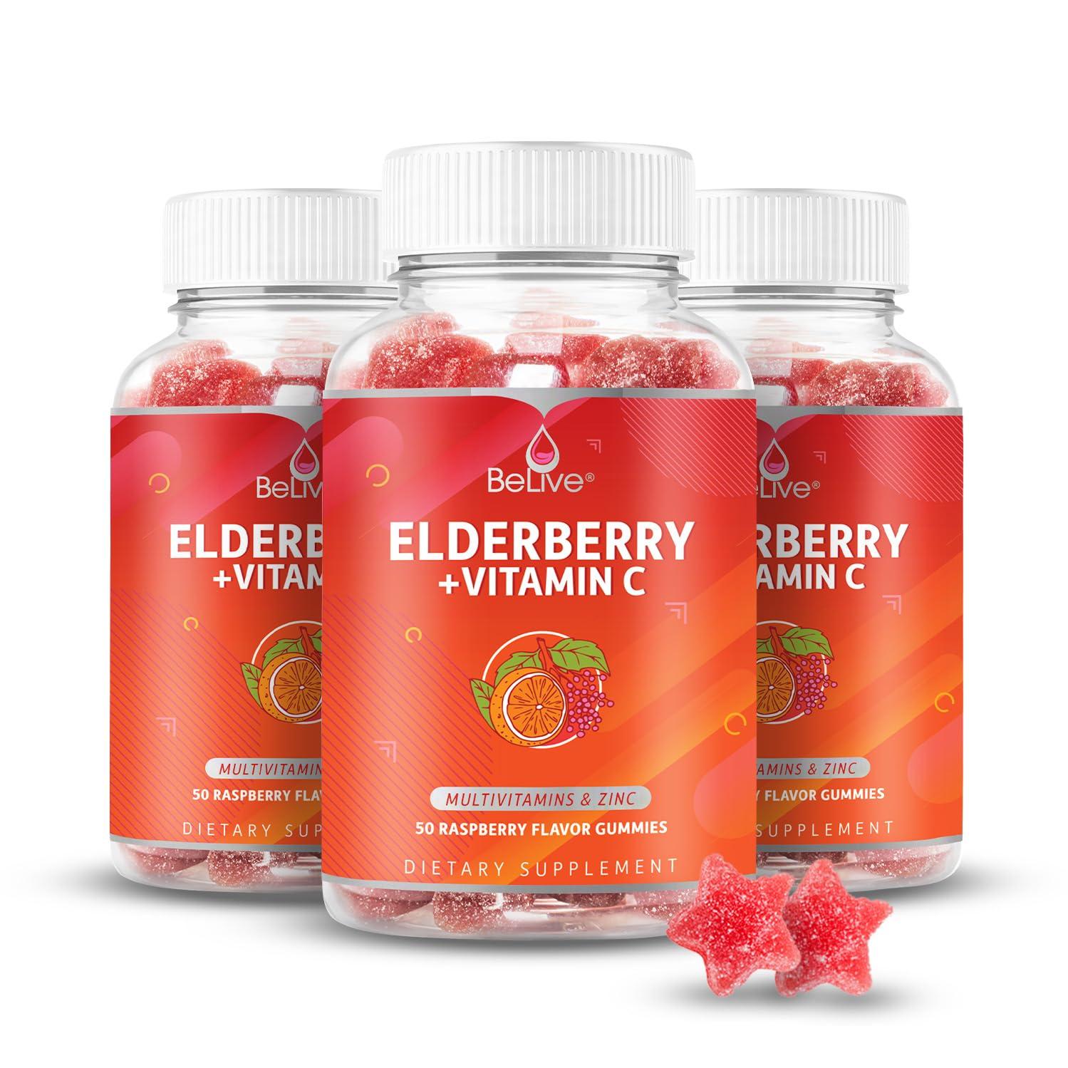 BeLive BeLive Elderberry Gummies with Zinc and Vitamin C - Immune Support Supplement with Vitamin D, A, E, B12 - Gummies for Healthy Bones & Teeth, Vegan, Keto & Non-GMO - Raspberry Flavor | 3-Pack