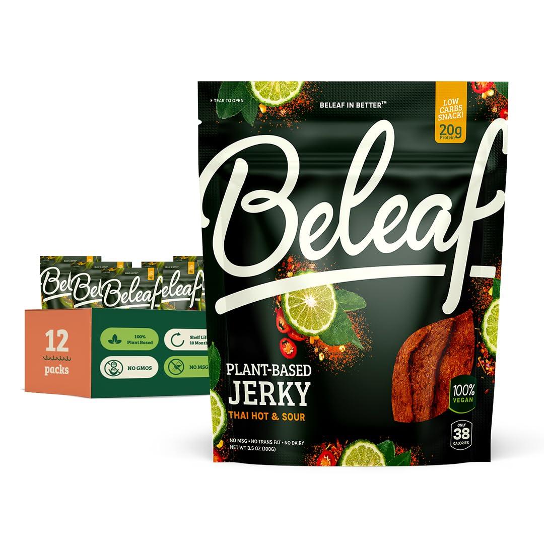 BE LEAF Beleaf Thai Hot & Sour Plant-Based Jerky: High-Protein Snack Healthy and Flavorful Vegan Jerky for On-the-Go Energy Tasty Meatless, Vegetarian Meat Alternative (1 Pack)