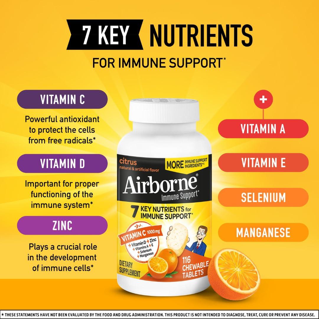 Airborne Airborne 1000mg Vitamin C + Zinc Immune Support Supplement Chewable Tablets, Citrus Flavor with Powerful Antioxidants Vitamins A C & E, 116 Chewable Tablets (2 Pack)