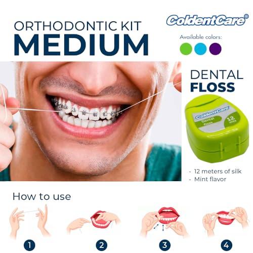 ColdentCare Braces Cleaning Kit for Teeth, Portable Orthodontic Toothbrush Kit Oral Care Dental Travel - 2 Interdental Brush, 5 Bars of Wax, 1 Dental Floss 12m, 13 Dental Floss Threader Multipurpose case (Green)
