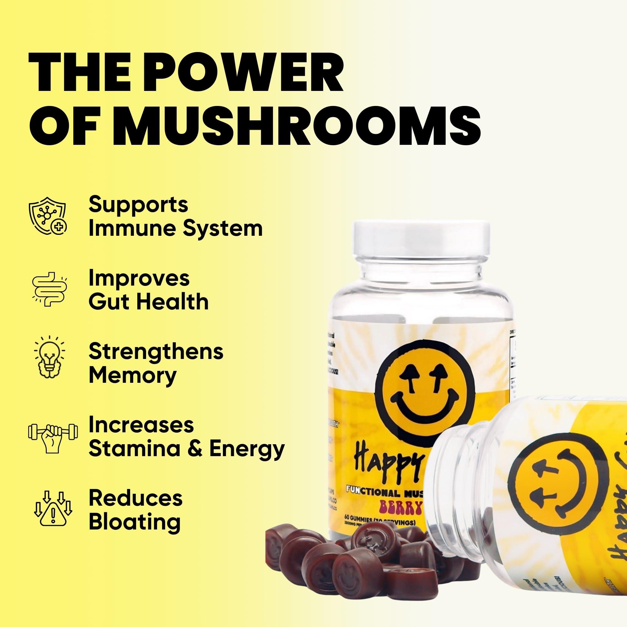 Happy Caps Happy Caps Functional Mushroom Gummies - Lions Mane, Cordyceps, Chaga, Reishi - Immune System Booster & Nootropic Brain Supplement - 60 Gummies (1)