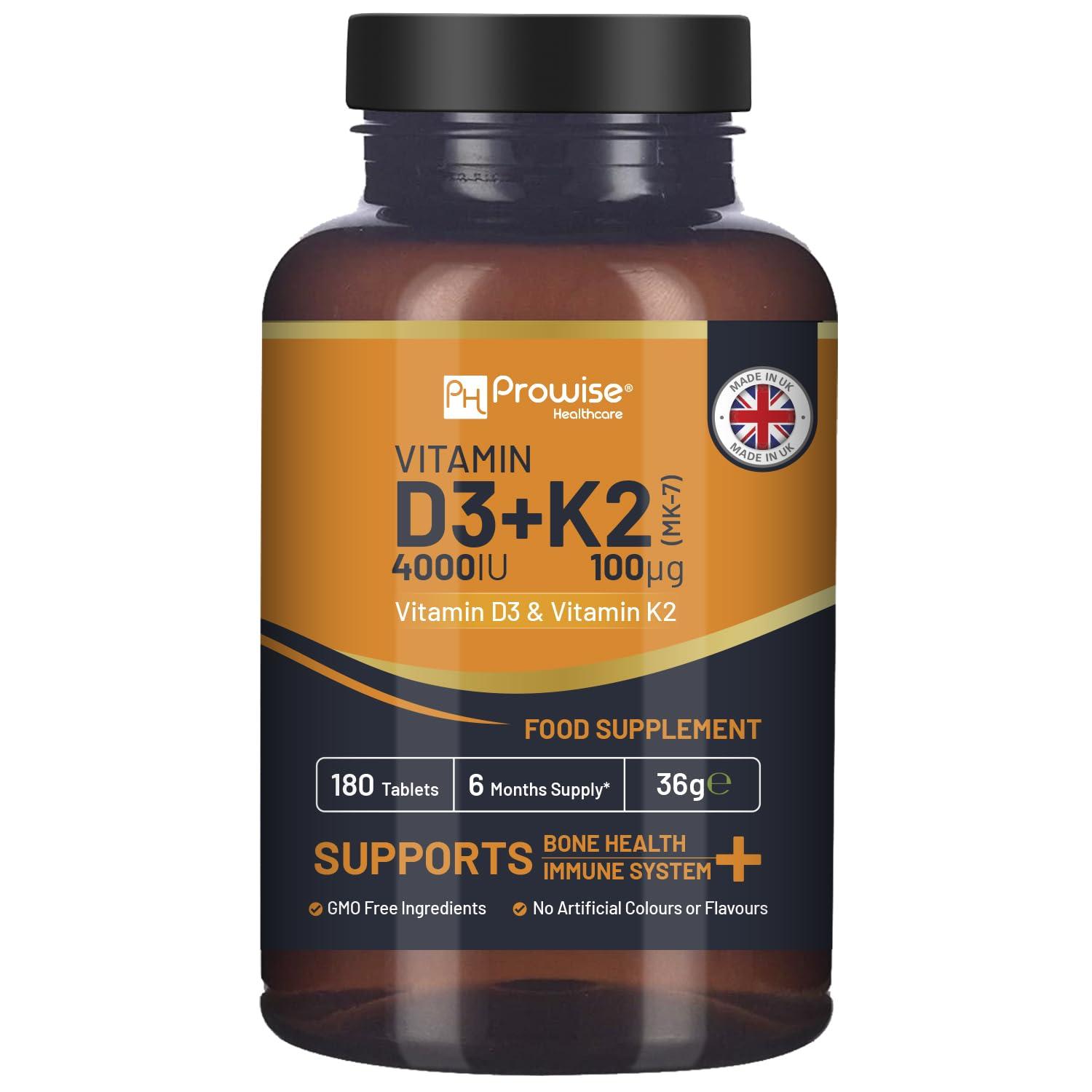PH PROWISE Healthcare Vitamin D3 4000IU & K2 MK7 100g Vegetarian Tablets I 180 (6 Months Supply) I Easy to Swallow Supplement for Immune Support, Calcium Boost, Bone & Muscle I Made in The UK by Prowise Healthcare
