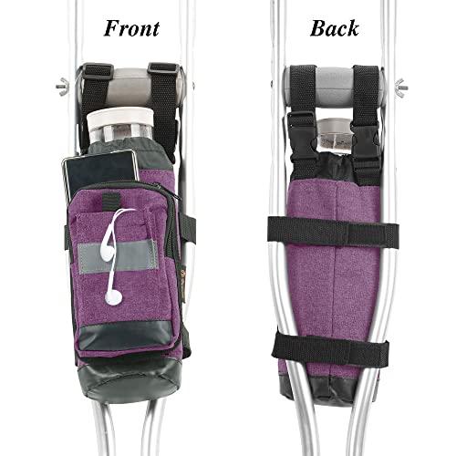 PACMAXI Crutch Bag Lightweight Crutch Accessories Storage Pouch with Reflective Strap and Front Zipper Pocket for Universal Crutch Bag to Keep Item Safety (Purple)