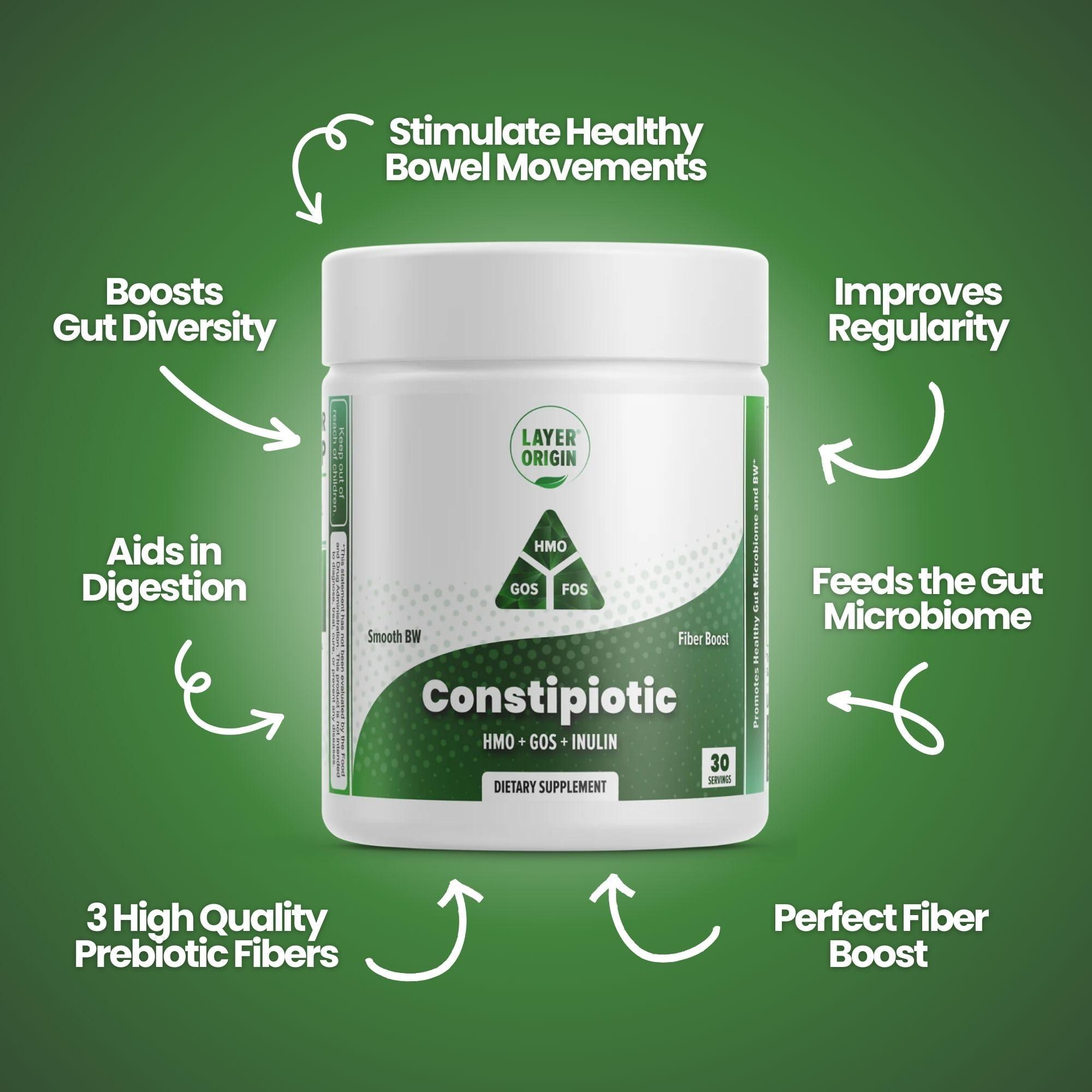 Layer Origin Layer Origin Constipiotic Prebiotic Fiber to Ease Bowel Movement and Support Regularity - 4.4 g Per Serving - HMO 2\'FL, GOS, Inulin FOS - 30-Day Supply - Unflavored, No Taste, Dissolve Easily