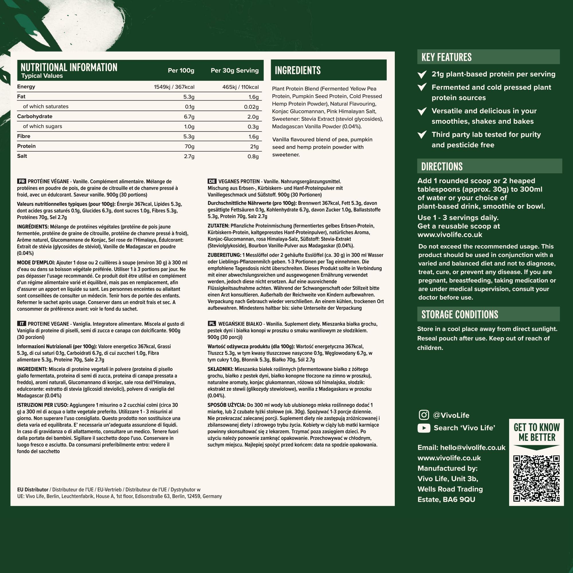 VIVO VIVO Vegan Protein Powder - 0.7 oz of Plant-Based Protein per Scoop, 30 Servings (31.7 oz) (Vanilla)