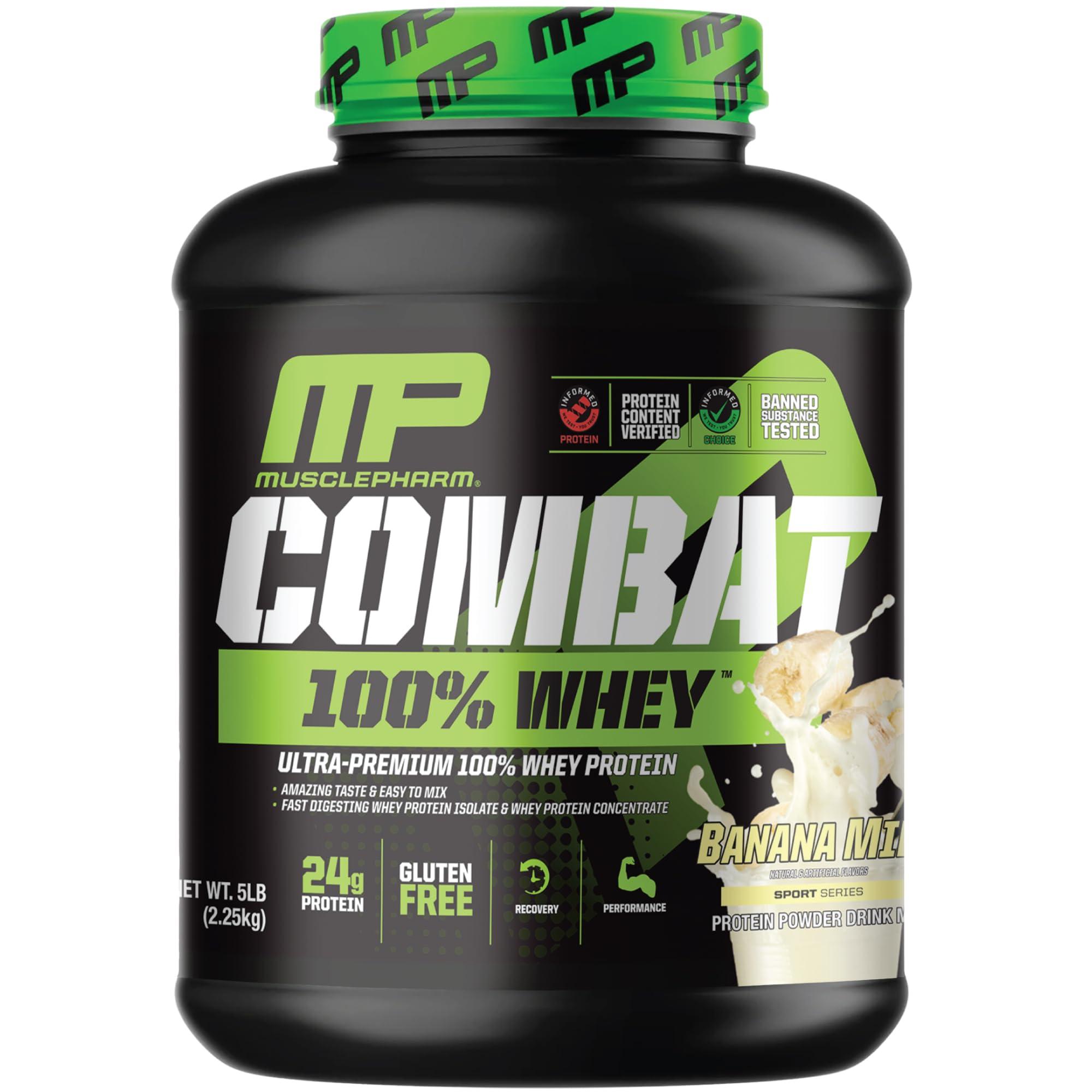 Muscle Pharm MusclePharm Combat 100% Whey Protein Powder, Banana Flavor, Fast Recovery & Muscle Gain with Whey Protein Isolate, High Protein Powder for Women & Men, Gluten Free, 5 lb, 70 Servings