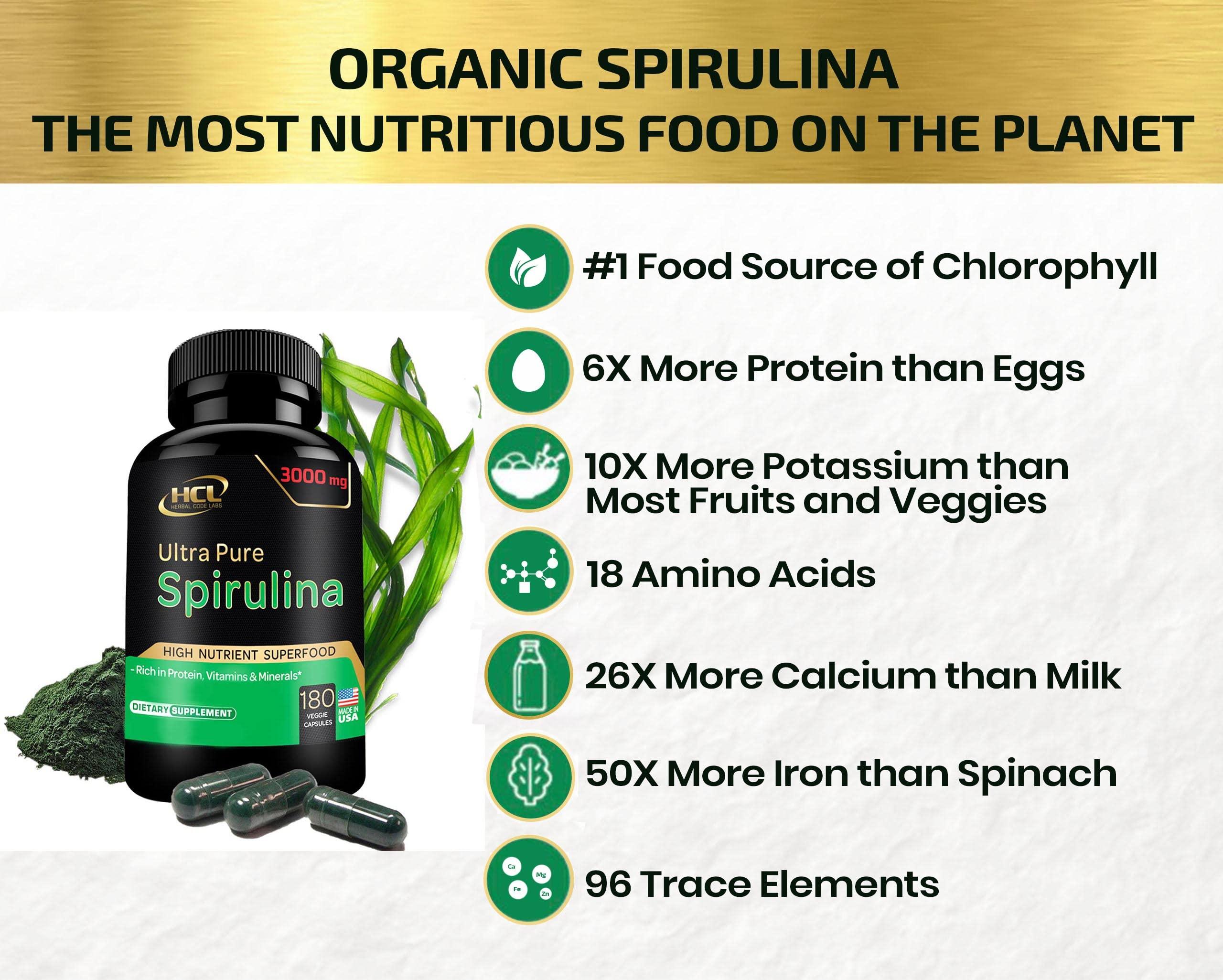 HCL HERBAL CODE LABS Organic Spirulina Powder Capsules 3000 mg - Purest Non-Irradiated Blue Green Algae - Best Raw Vegan Protein - Green Superfood - Natural Multivitamins – 180 Pills Made in The USA