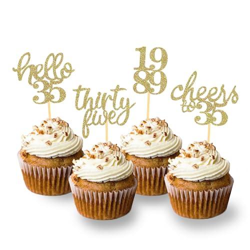 Moitkptt 24Pcs Glitter 35th Birthday Cupcake Toppers, Hello 35th Birthday Cake Topper- 35th Birthday Decorations for Celebrating Thirty-Five Years Old Birthday Party (Gold)