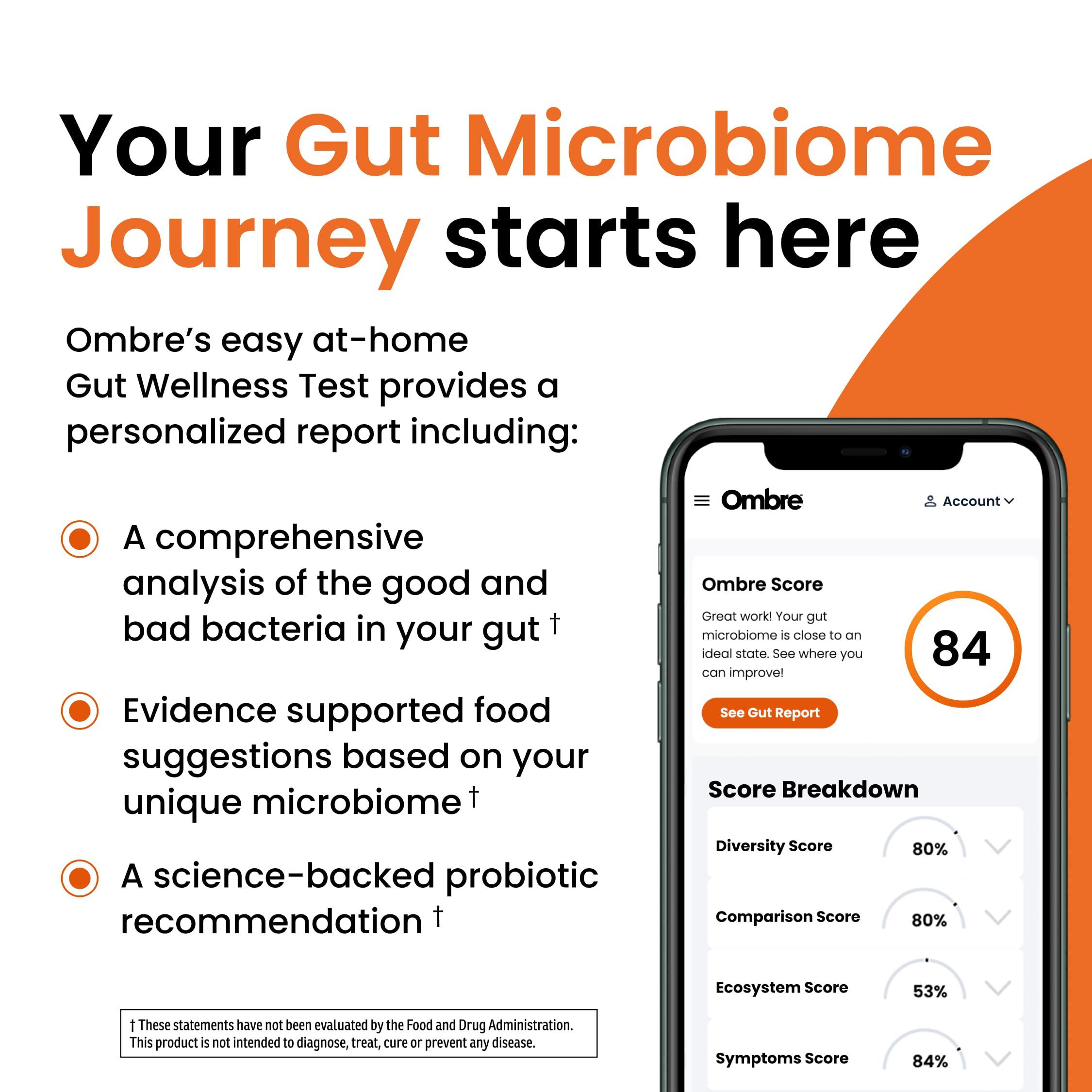 Ombre Ombre Gut Health Test Kit - Probiotic Recommender at Home Test for Women & Men - Detailed Custom Gut Microbiome Analysis for Digestive, Immune and Mental Health with Food Suggestions