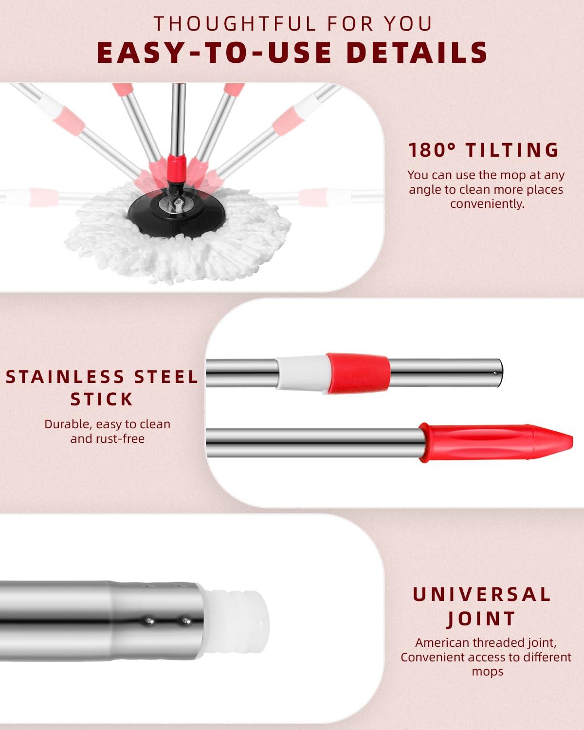 Oxherd Extended Stainless Steel Spin Mop Pole Handle Replacement Pole for Floor Mop 360 Degrees Home Floor Cleaning for Floor Mop 360 Degrees Home Floor Cleaning Scraper for Home Office (Red)