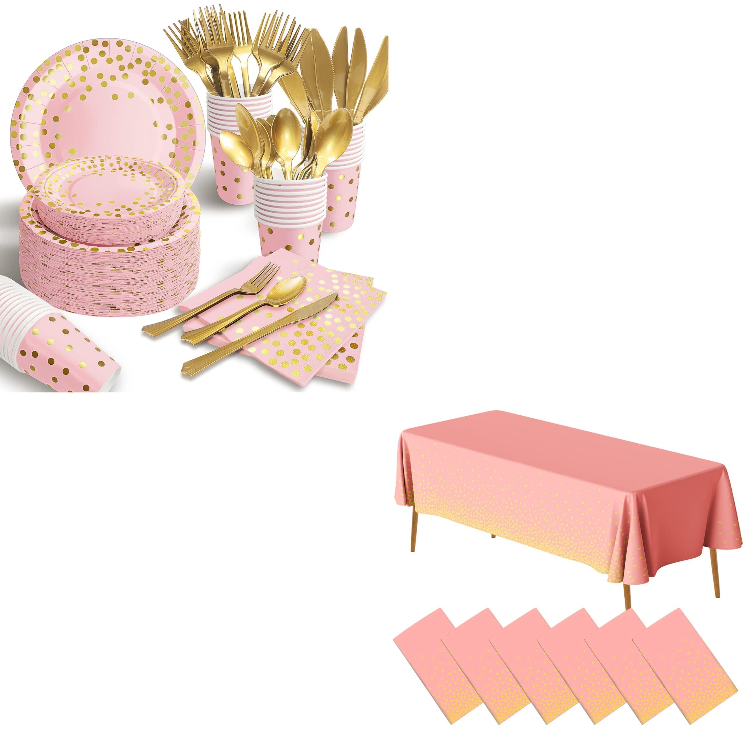 AIRE 350PCS Pink and Gold Party Plates with 6Pack Black and Gold Plastic Tablecloth, Severs 25 Disposable Party Supplies, Just Enjoy Your Party
