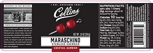 Collins Collins Stemless Maraschino Cherries, Garnish for Cocktails, Desserts, Manhattans, and Old Fashioned, Gourmet Snacking Cherries for Home and Bar, 10oz