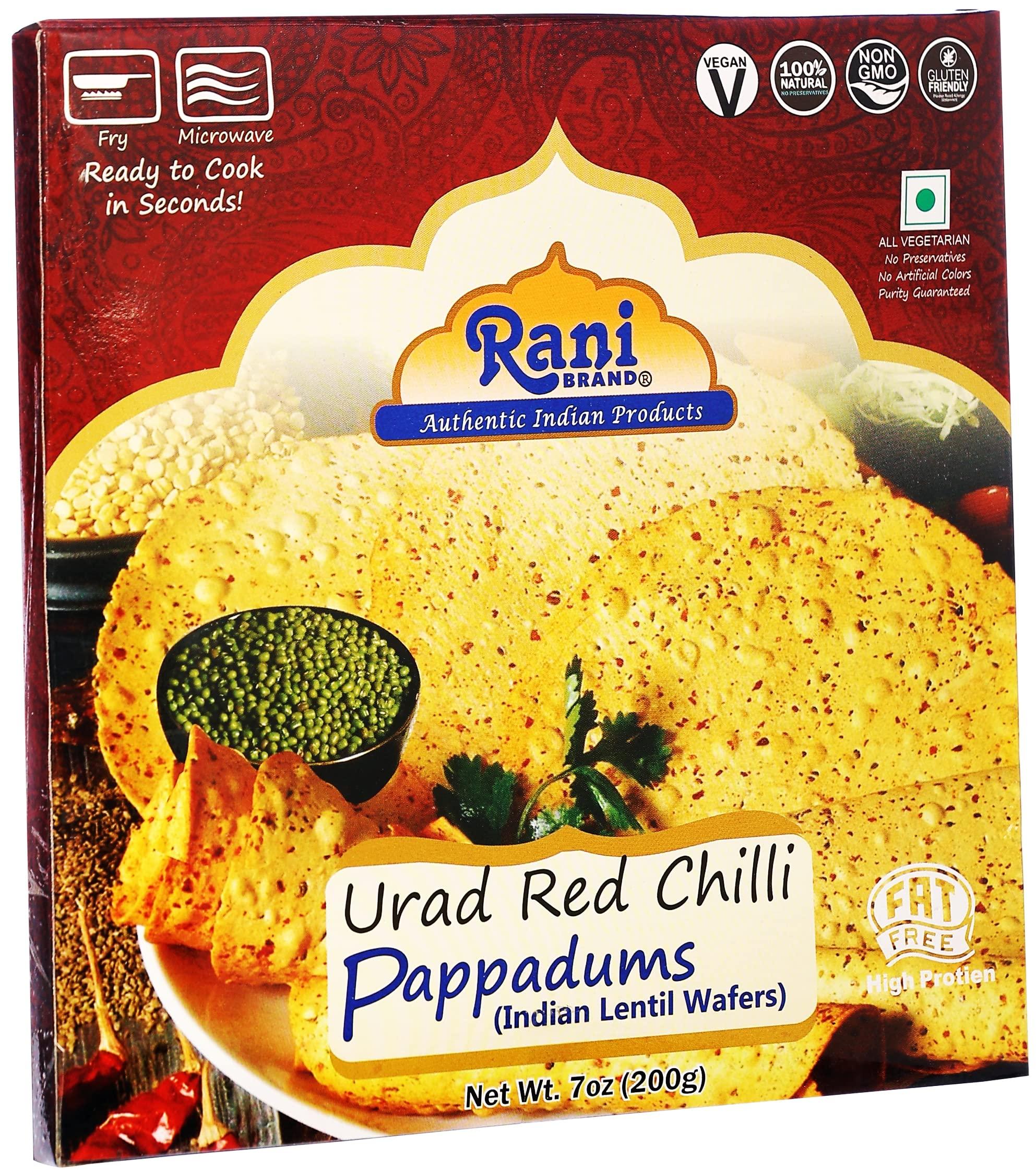 Rani Brand Authentic Indian Products Rani Pappadums (Indian Lentil Wafer Snack) Red Chilli Papad 7oz (200g) Approximately 15pc, 7 inches ~ All Natural | Gluten Friendly | NON-GMO | Vegan | Indian Origin