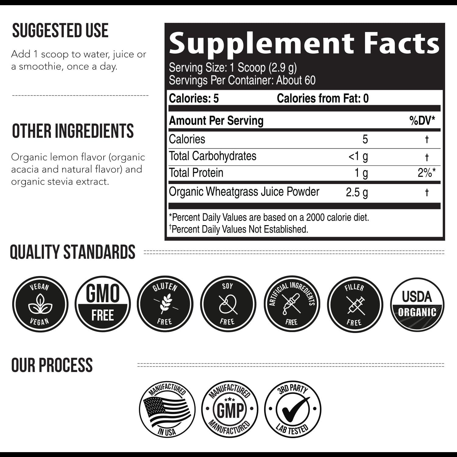 Triquetra Health Organic Wheatgrass Juice Powder - Organically Grown in Volcanic Soil of Utah - Raw & BioActive Form, Cold-Pressed Then CO2 Dried, 20:1 Super Concentrate - Lemon (6.2 oz - 60 Servings)