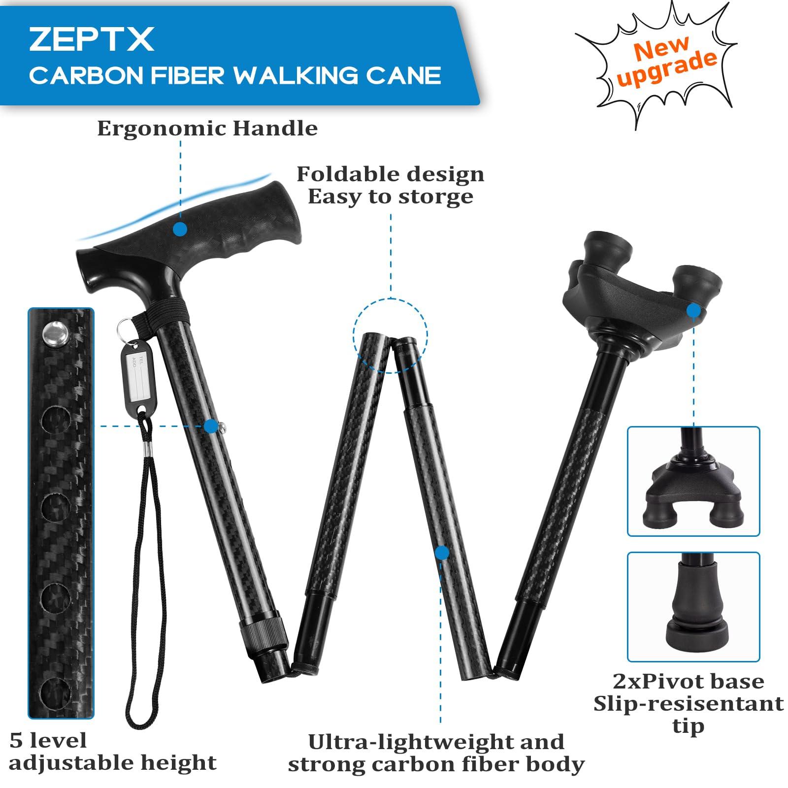 ZeptX ZeptX Folding Walking Quad Cane for Men and Women,Collapsible Ultra Lightweight Sturdy Height Adjustable Nonslip Rubber Tips Walking Canes,Collapsible Walking Sticks for Seniors & Adults [Black]
