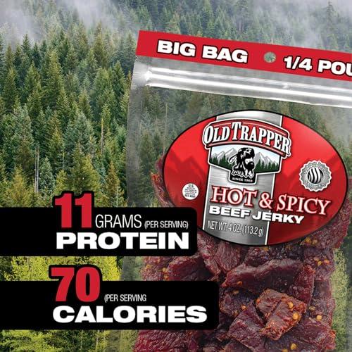Old Trapper Old Trapper Beef Jerky, Hot & Spicy 1/4-Pound Individual Package, Savory and Spicy Meat Snacks for Lunches or Between Meals, 11 Grams of Protein and 70 Calories per Serving (Pack of 8)