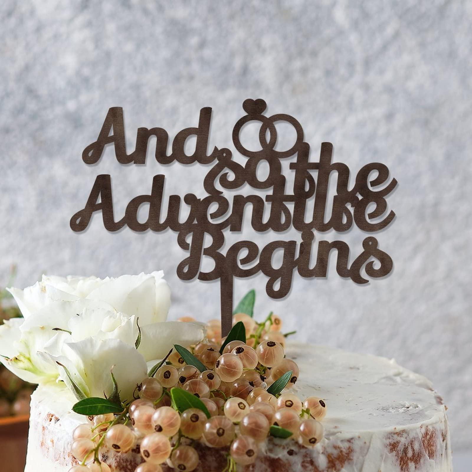 YJHLBHDIAN And So The Adventure Begins Rings Cake Topper for Wedding Mr And Mrs Cake Topper for Wedding Bridal Shower Cake Toppers Custom Last Name Couple Married Gift Personalized Topper Wood Brown