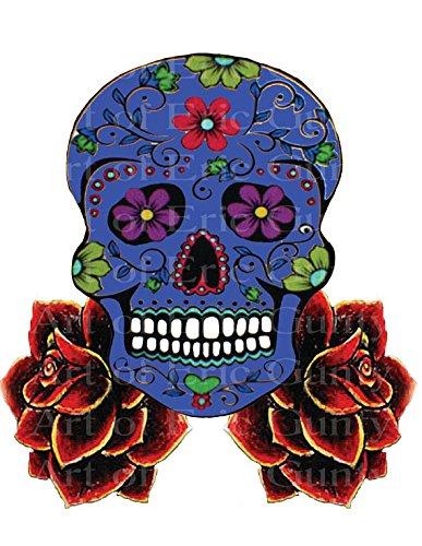 Art of Eric Gunty 1/4 Sheet - Blue Sugar Skull & Roses Halloween Birthday - Edible Cake/Cupcake Party Topper - D22654