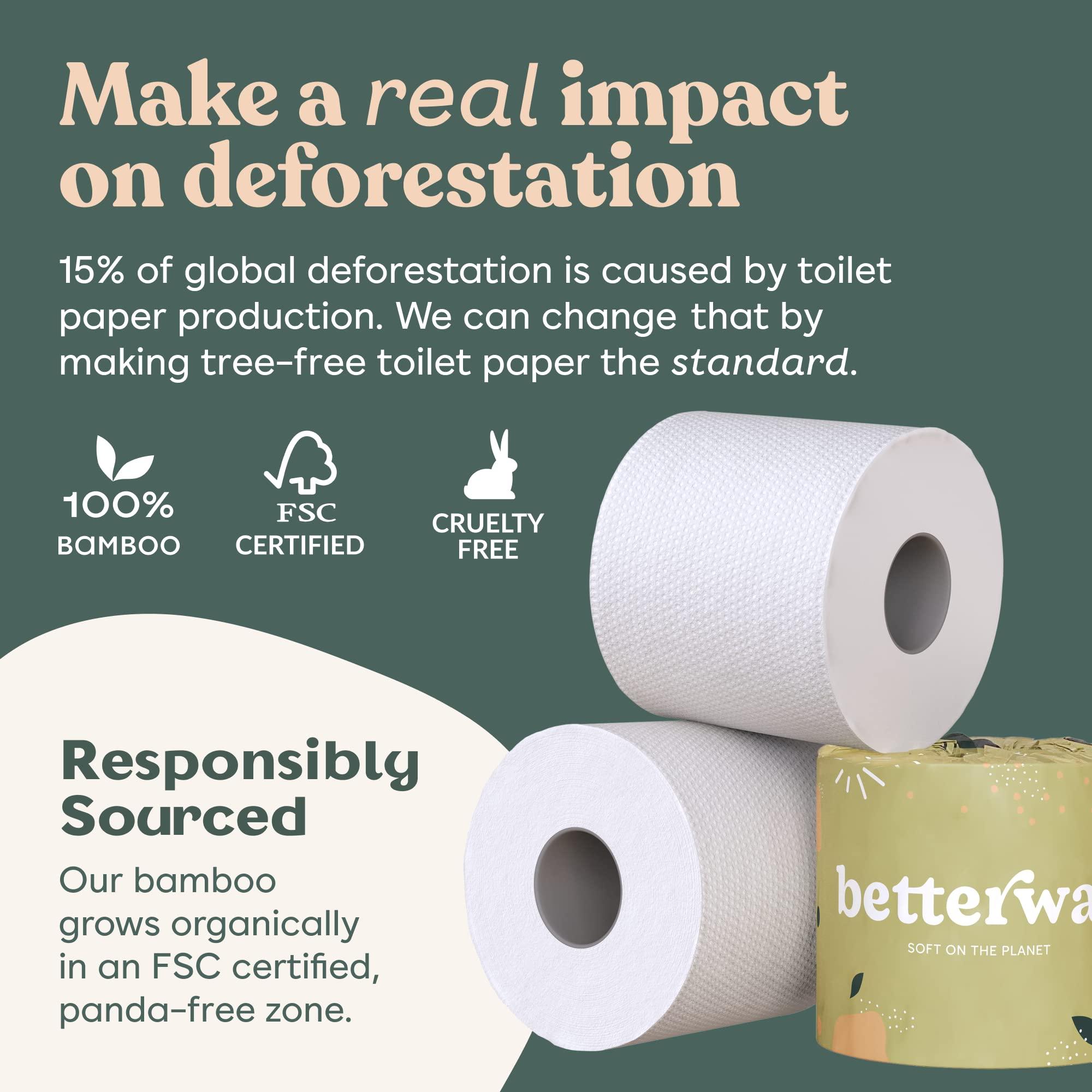 Betterway Betterway Bamboo Toilet Paper 3 Ply - Sustainable Toilet Tissue - 12 Double Rolls & 360 Sheets Per Roll - Septic Safe - Organic, Plastic Free - FSC Certified