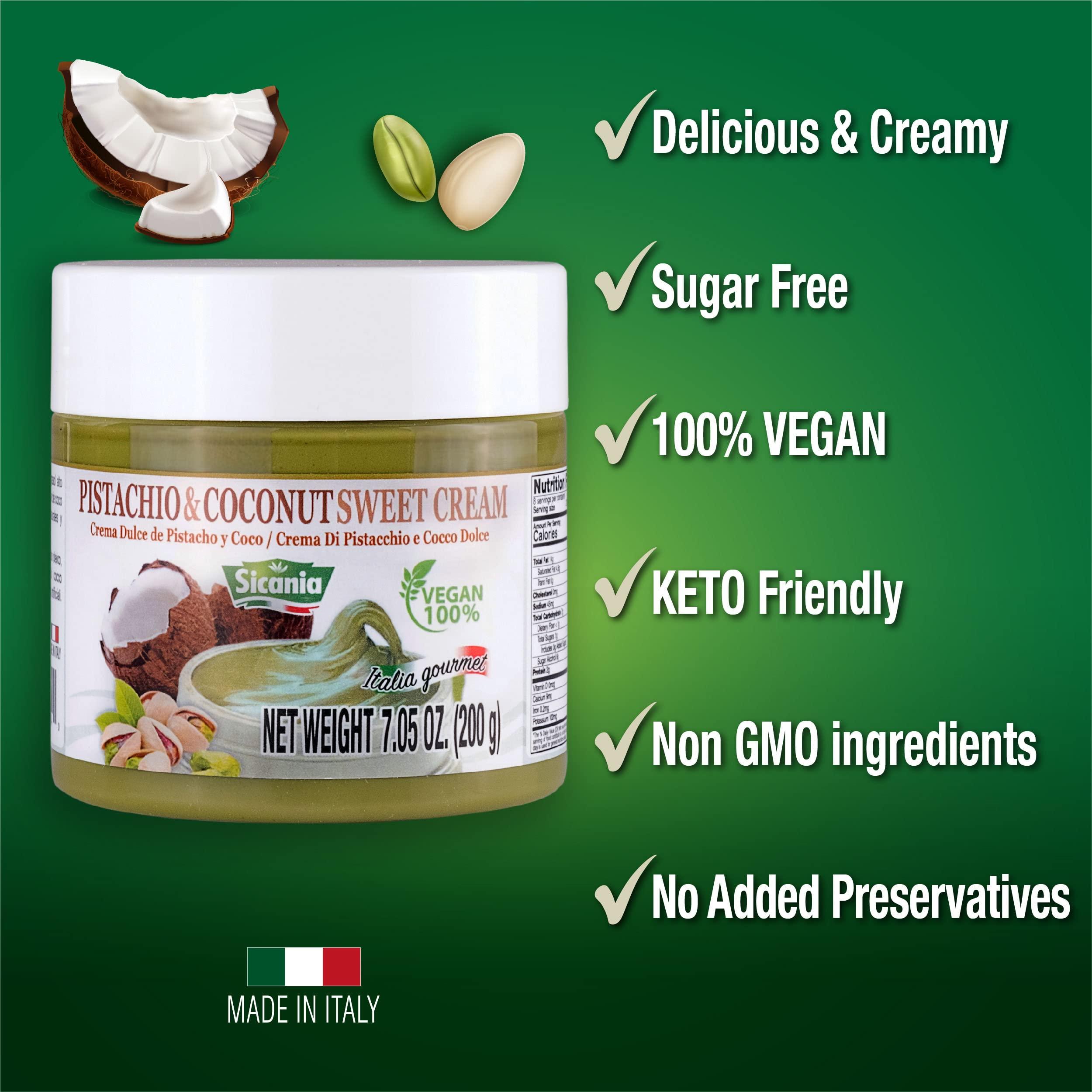 SICANIA SICANIA Pistachio and Coconut Vegan Sweet Cream - 100% Italian Made, Non-GMO, Dairy-Free, Gluten-Free, Palm Oil-Free, Lactose-Free, Sugar-Free - Ideal for Pastries, Desserts, Sandwiches, Pancakes, Waffles, Toasts and Crackers - 200Gr