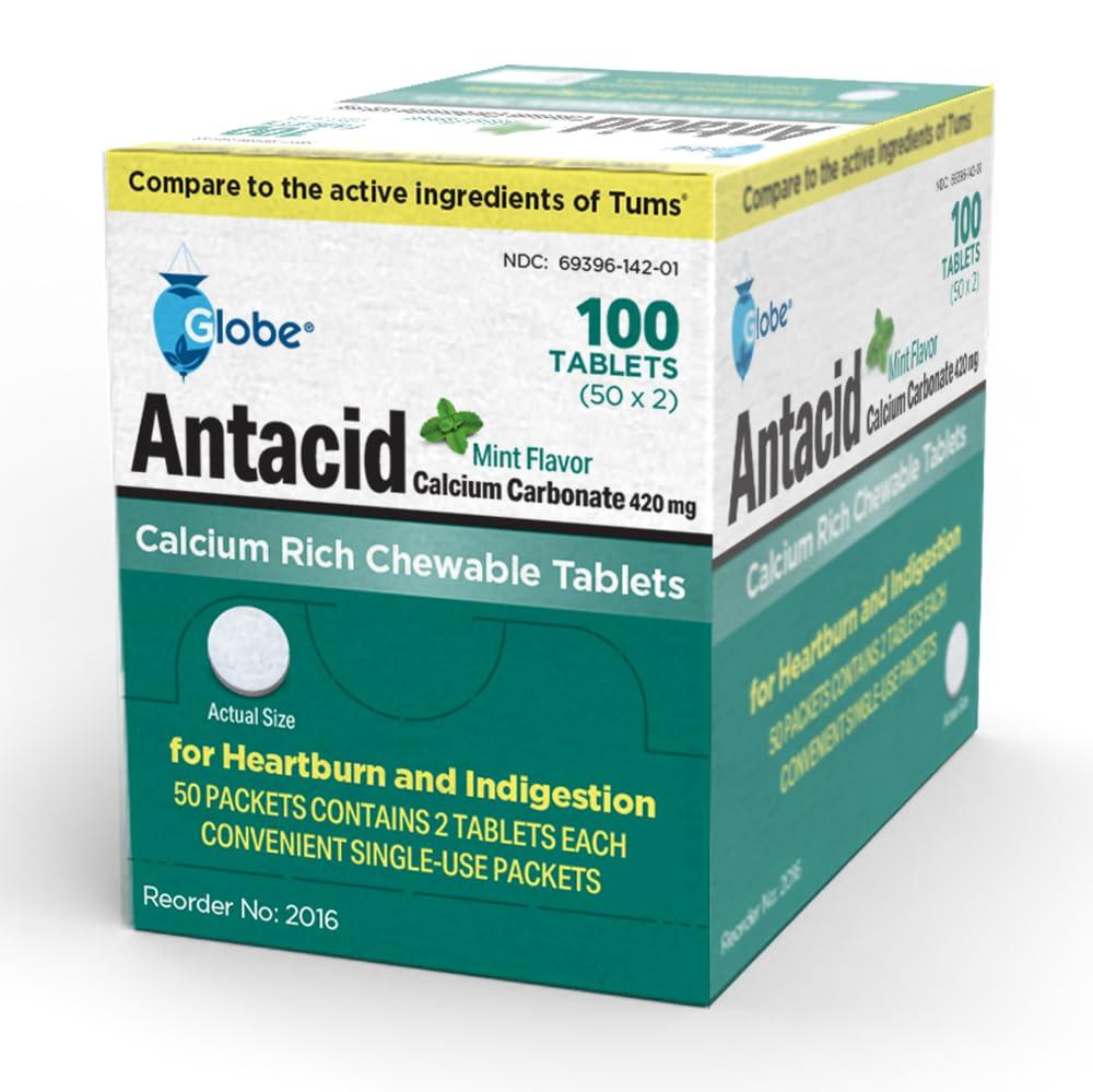 Globe Globe Chewable Mint Antacid Tablets for Acid Indigestion, Heartburn, and Upset Stomach - Bag of 10,000 Packets (20,000 Tablets). Made in The USA