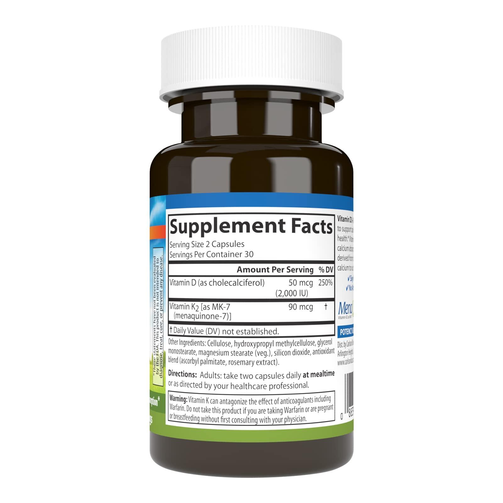 Carlson Carlson - Vitamin D3 + K2, 50 mcg (2000 IU) Vitamin D3 & 90 mcg Vitamin K2 as MK7, Bone Support, Calcium Absorption, 60 Capsules