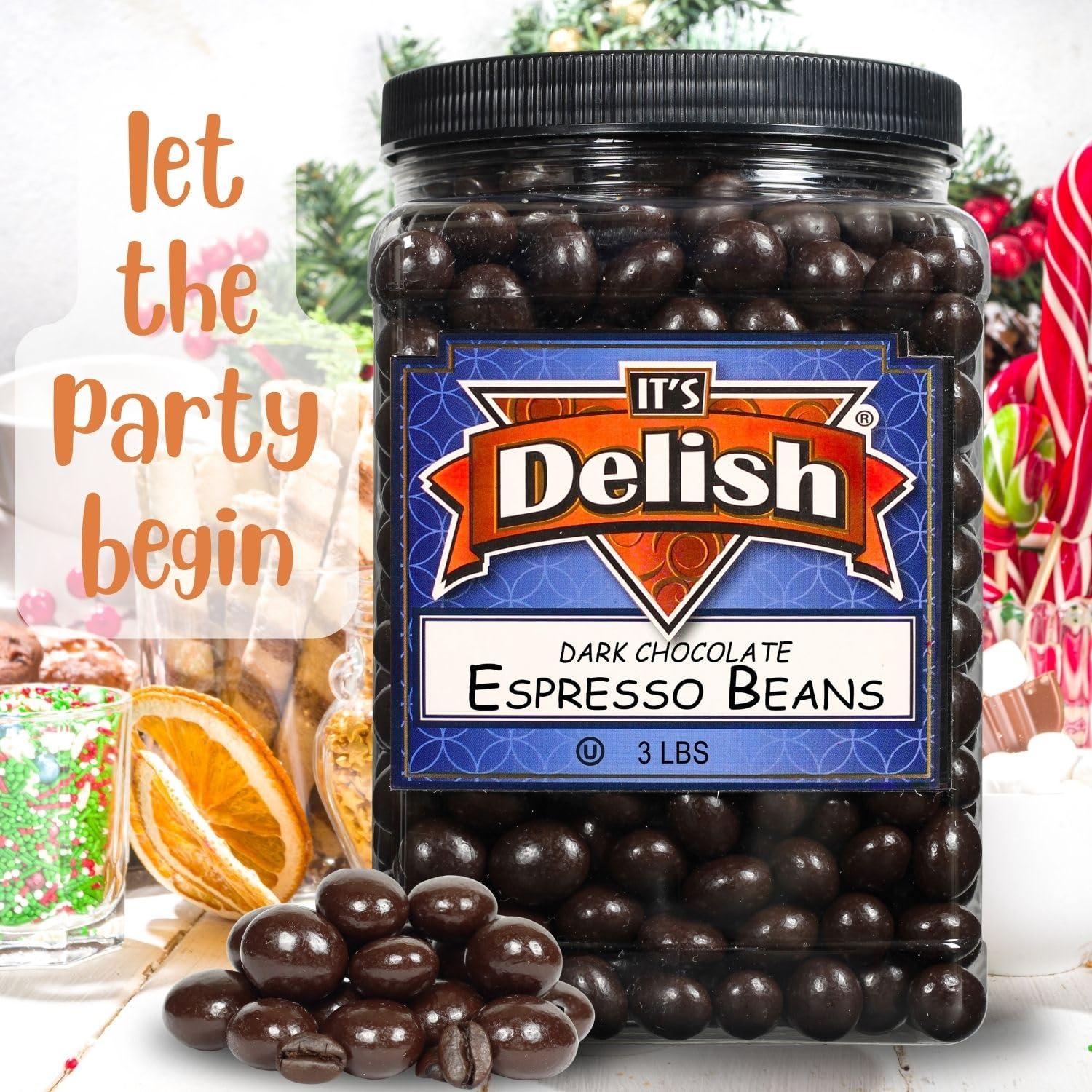 It\'s Delish Dark Chocolate Covered Espresso Beans - by It\'s Delish, 3 Lbs Jumbo Container | Coffee Lovers Snack | Gourmet Chocolates Candy Snacks | Made in USA, Vegan, Kosher