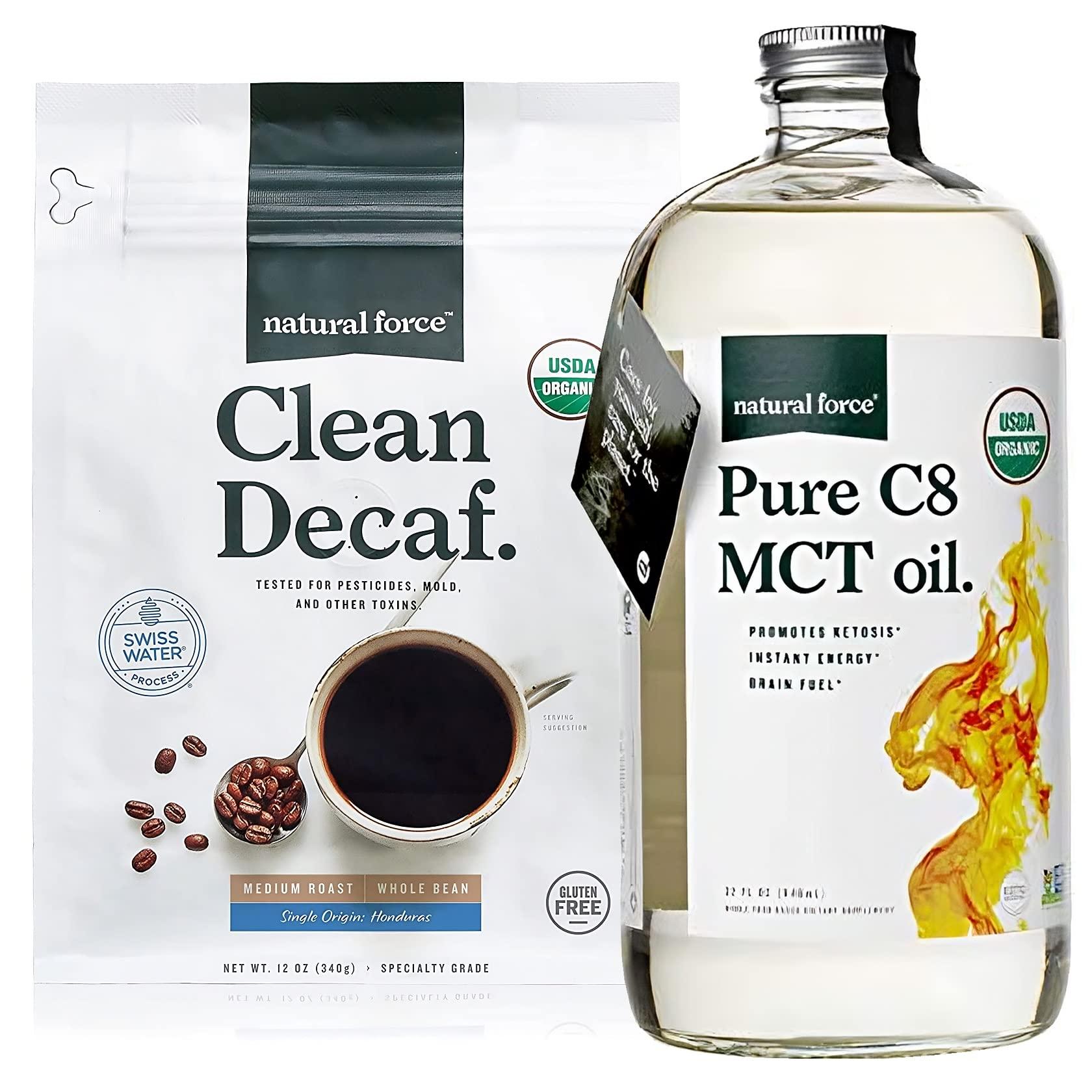 Natural Force Natural Force Clean Decaf Coffee + Organic Pure C8 MCT Oil Bundle 100% C8 MCTs & Mold & Mycotoxin Free Coffee Non-GMO, Keto, Paleo, and Vegan - 12 Oz and 32 Oz