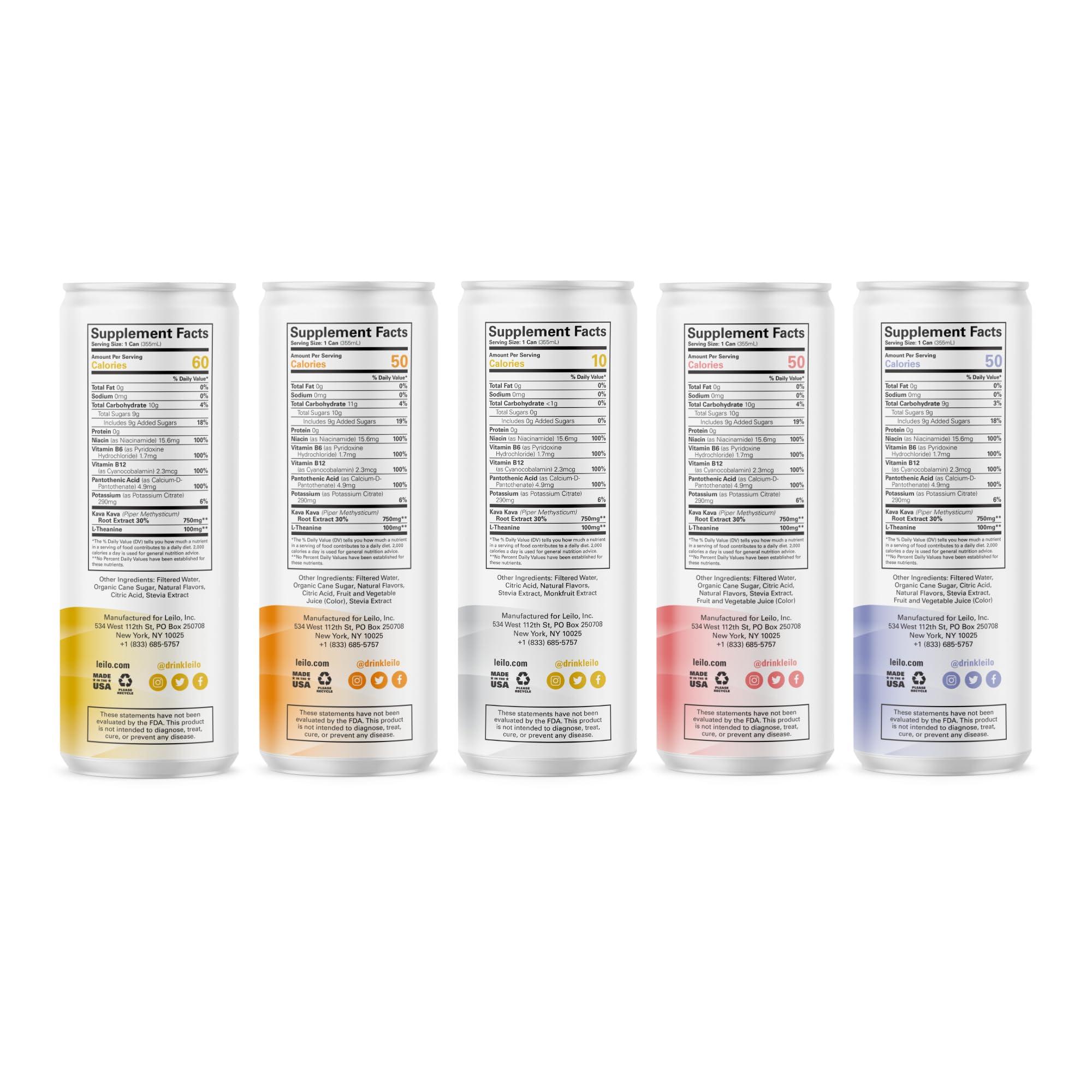 LEILO LEILO | Kava Powered Sparkling Relaxation Drink | Variety Sampler 6-Pack Non-ALC Calming Beverage Includes (3) Classic & (3) Mocktail Flavors | 12 fl oz Cans (Pack of 6)